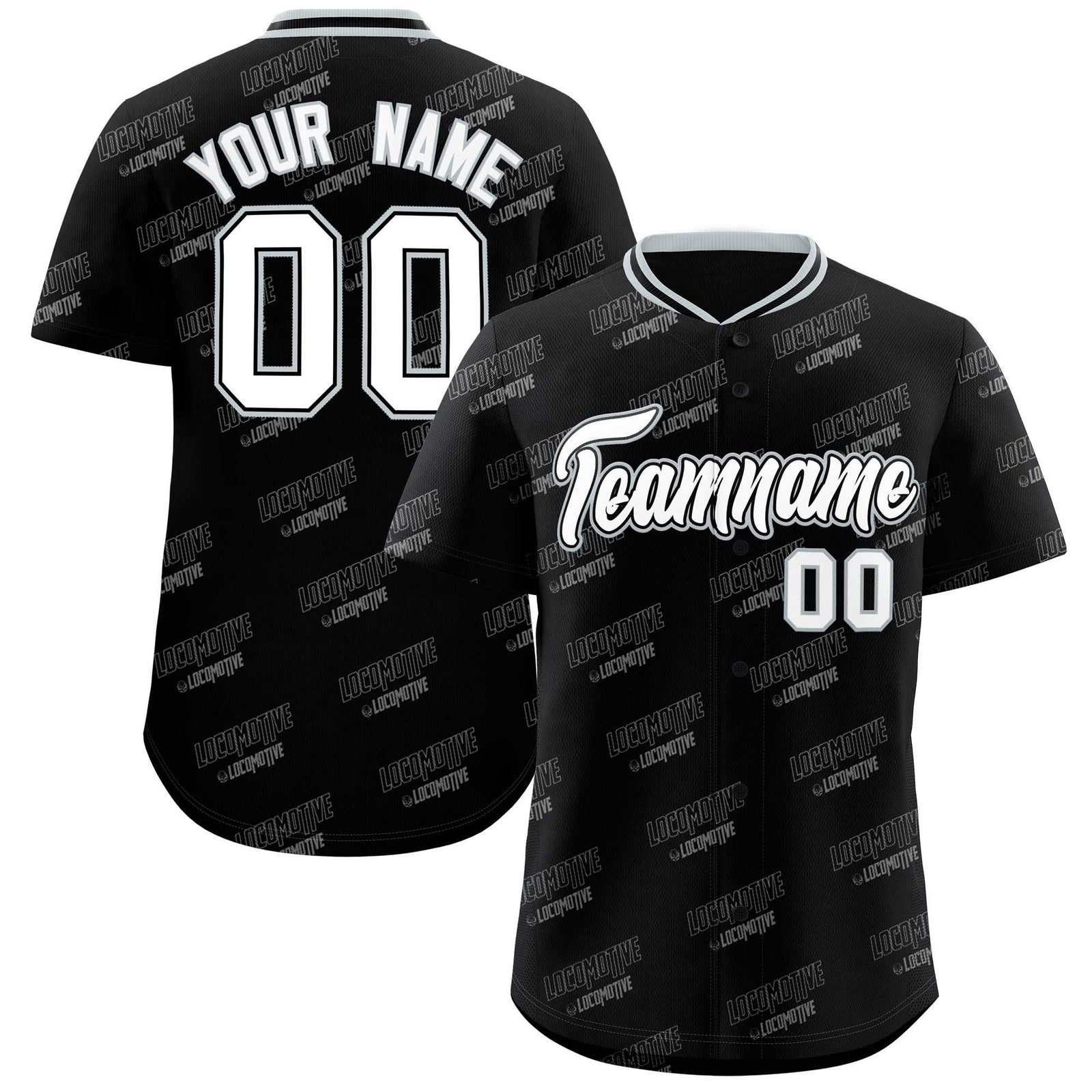 Custom Black Silver Full Button Text Graffiti Pattern Authentic Baseball Jersey