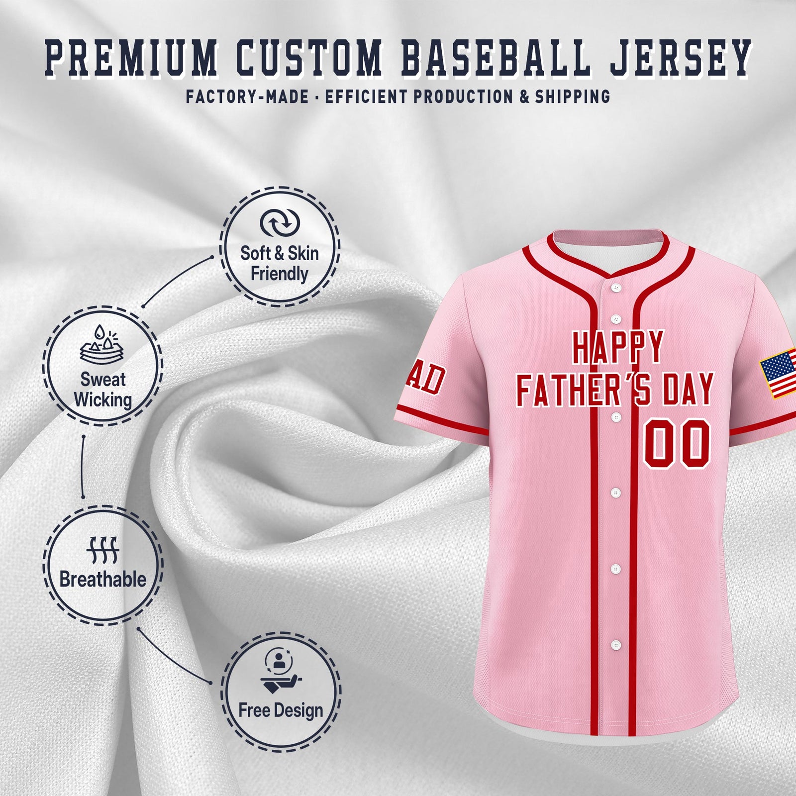 Custom Light Pink Red White Classic Style Father's Day Quick Dry Baseball Jersey| KXKSHOP