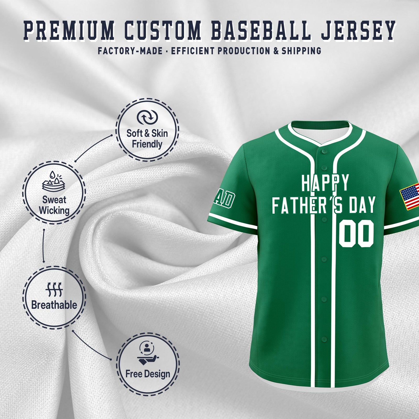 Custom Kelly Green White Classic Style Father's Day Quick Dry Baseball Jersey| KXKSHOP