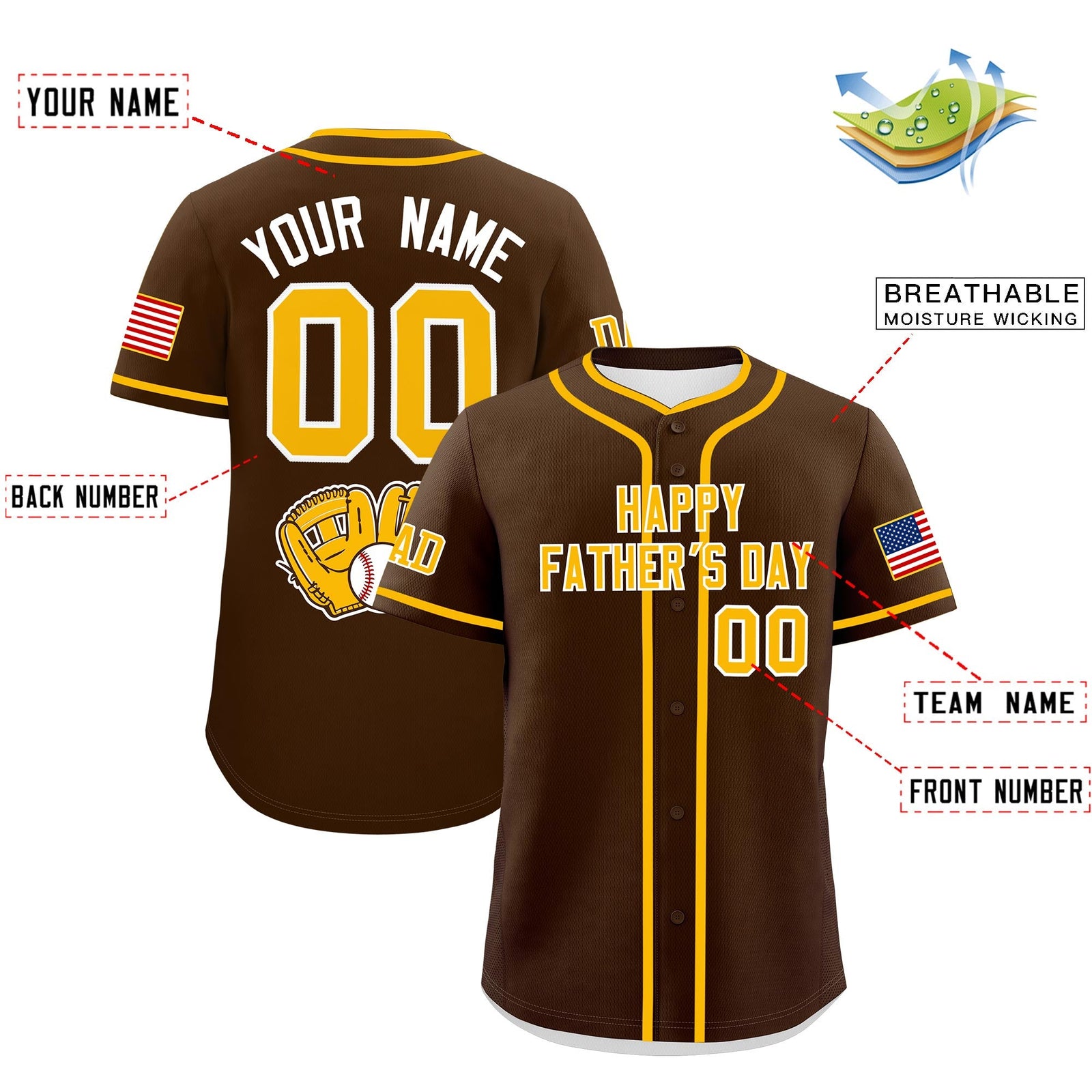 Custom Brown Yellow White Classic Style Father's Day Quick Dry Baseball Jersey| KXKSHOP