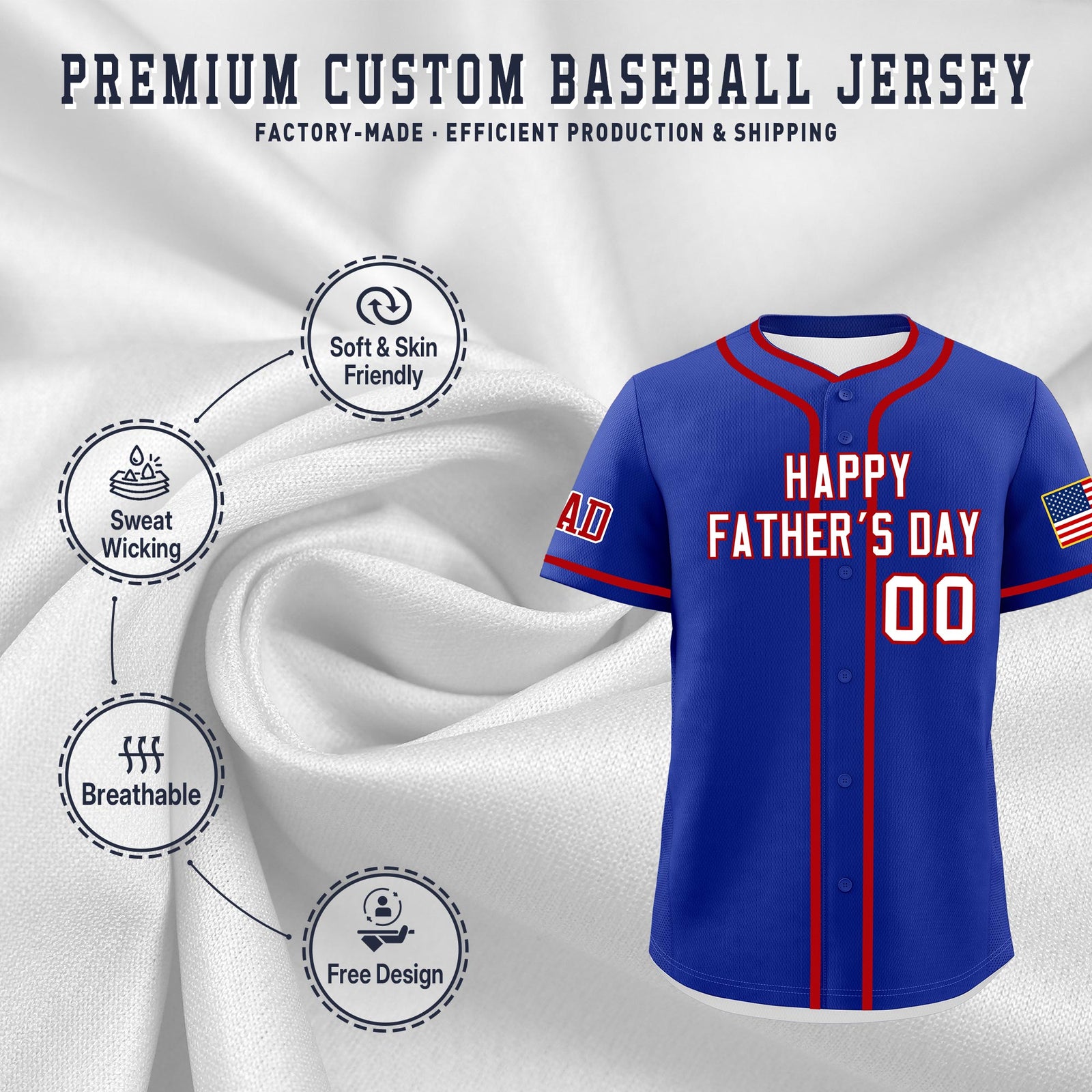 Custom Royal Blue White Red Classic Style Father's Day Quick Dry Baseball Jersey| KXKSHOP