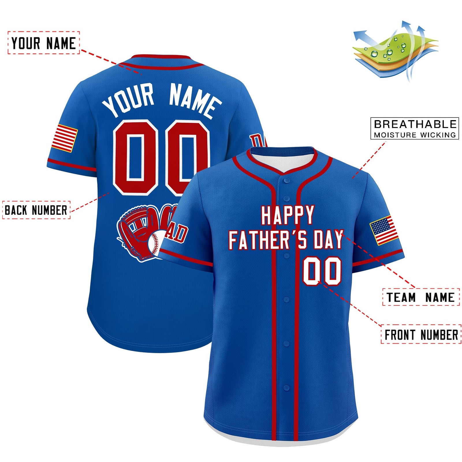 Custom Royal White Red Classic Style Father's Day Quick Dry Baseball Jersey| KXKSHOP