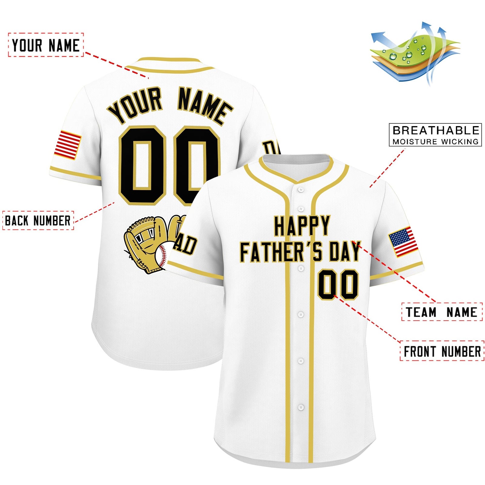 Custom White Black Old Gold Classic Style Father's Day Quick Dry Baseball Jersey| KXKSHOP