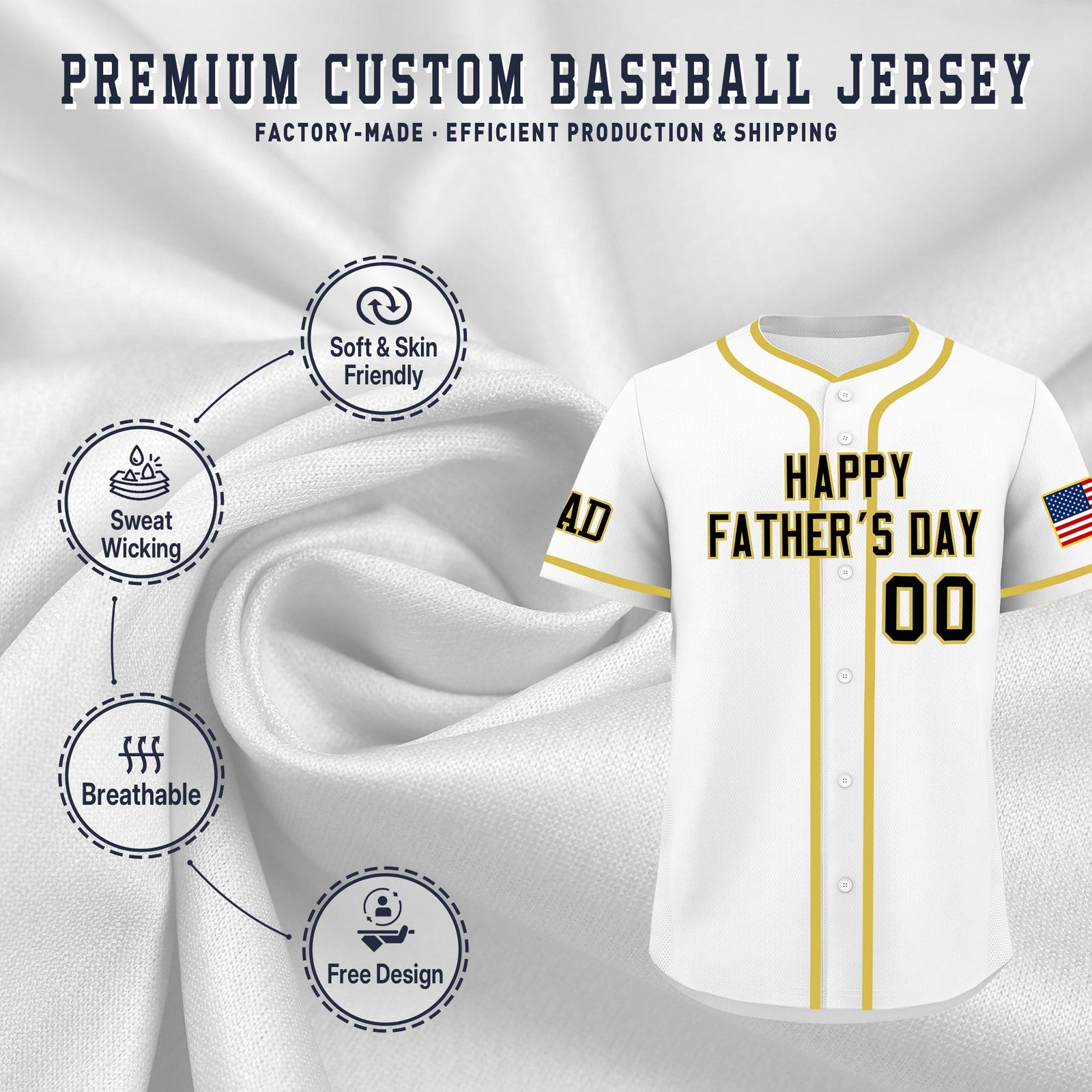Custom White Black Old Gold Classic Style Father's Day Quick Dry Baseball Jersey| KXKSHOP
