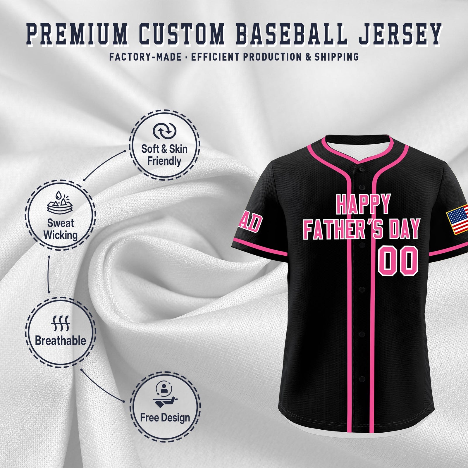 Custom Black Pink White Classic Style Father's Day Quick Dry Baseball Jersey| KXKSHOP
