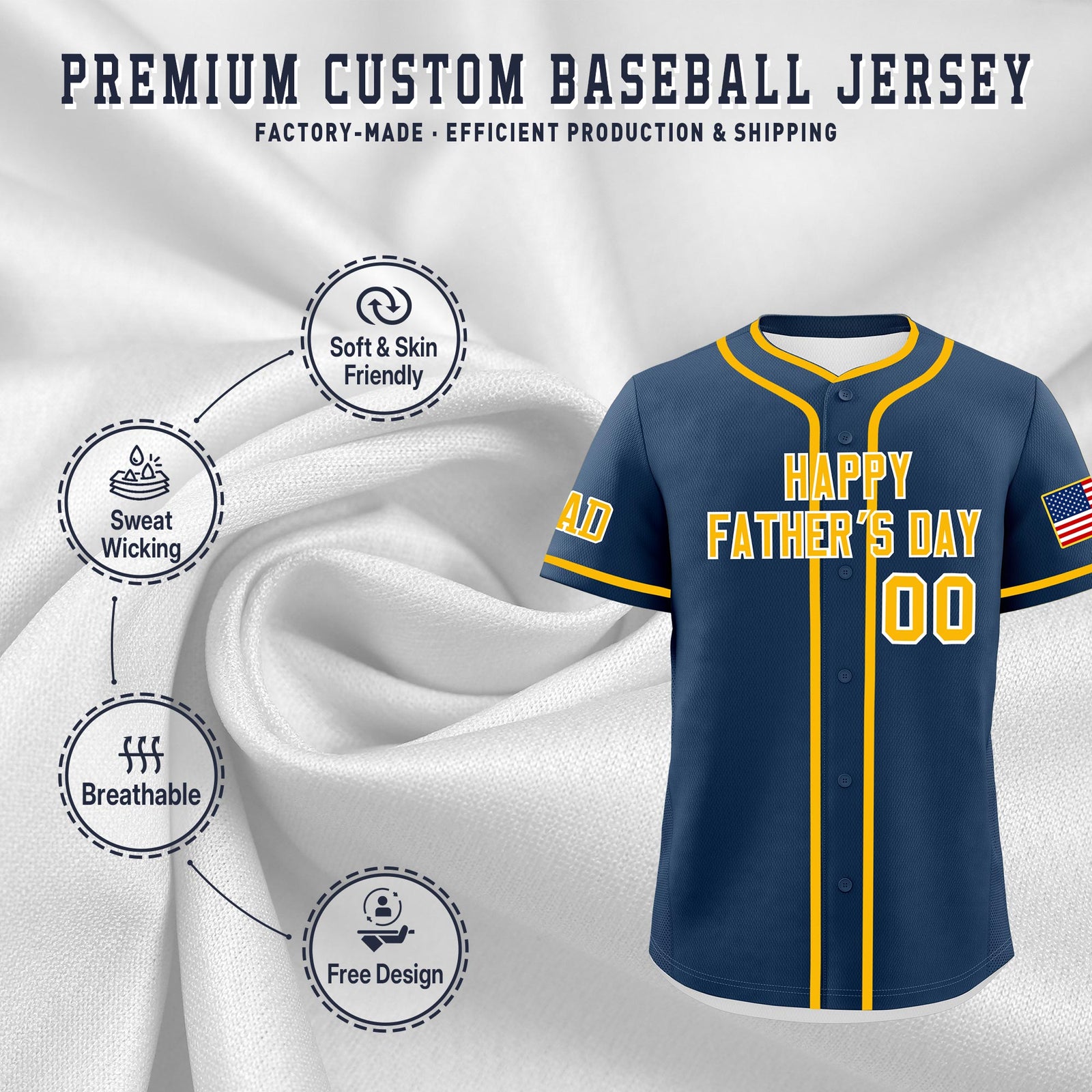 Custom Midnight Blue Yellow White Classic Style Father's Day Quick Dry Baseball Jersey| KXKSHOP