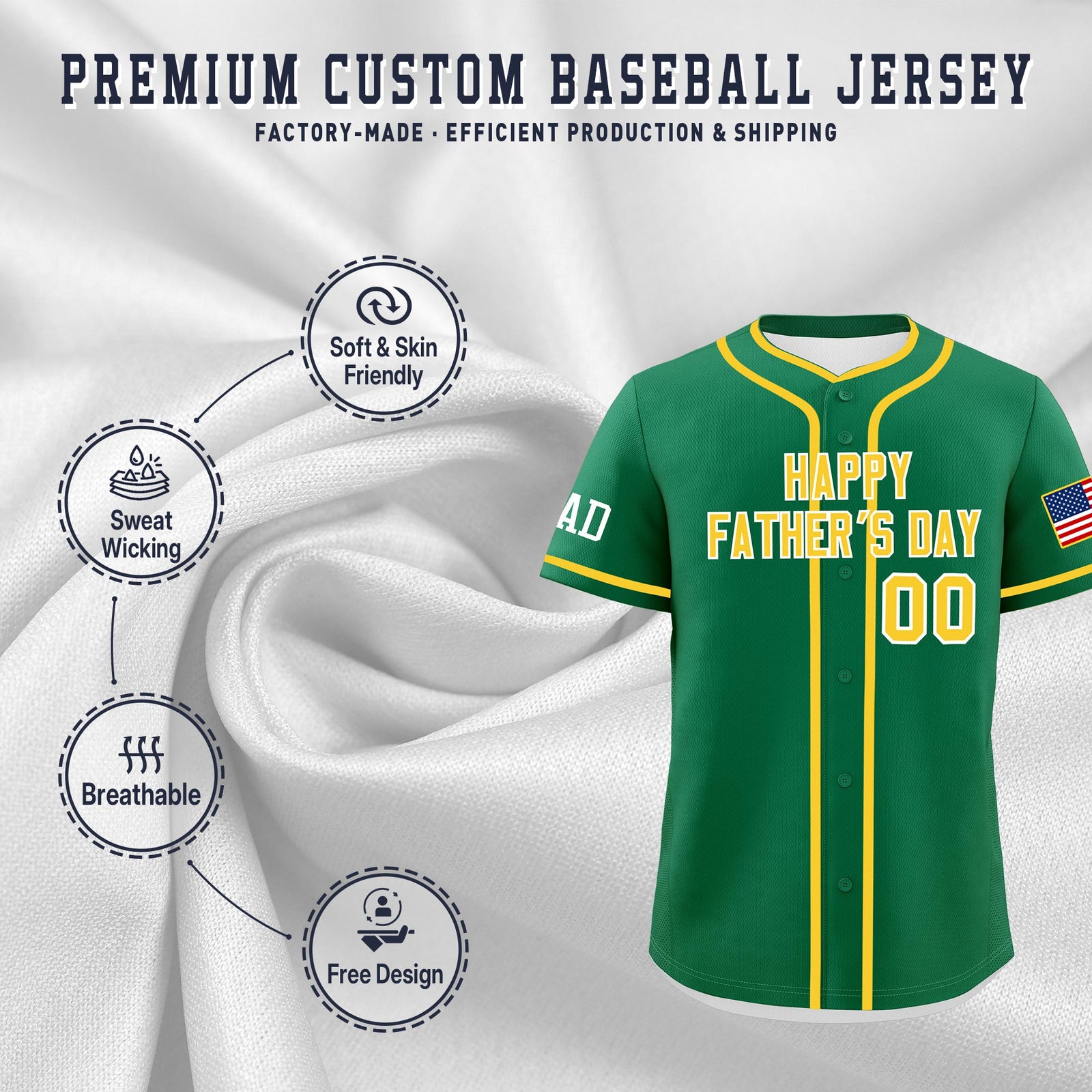 Custom Kelly Green Gold White Classic Style Father's Day Quick Dry Baseball Jersey| KXKSHOP