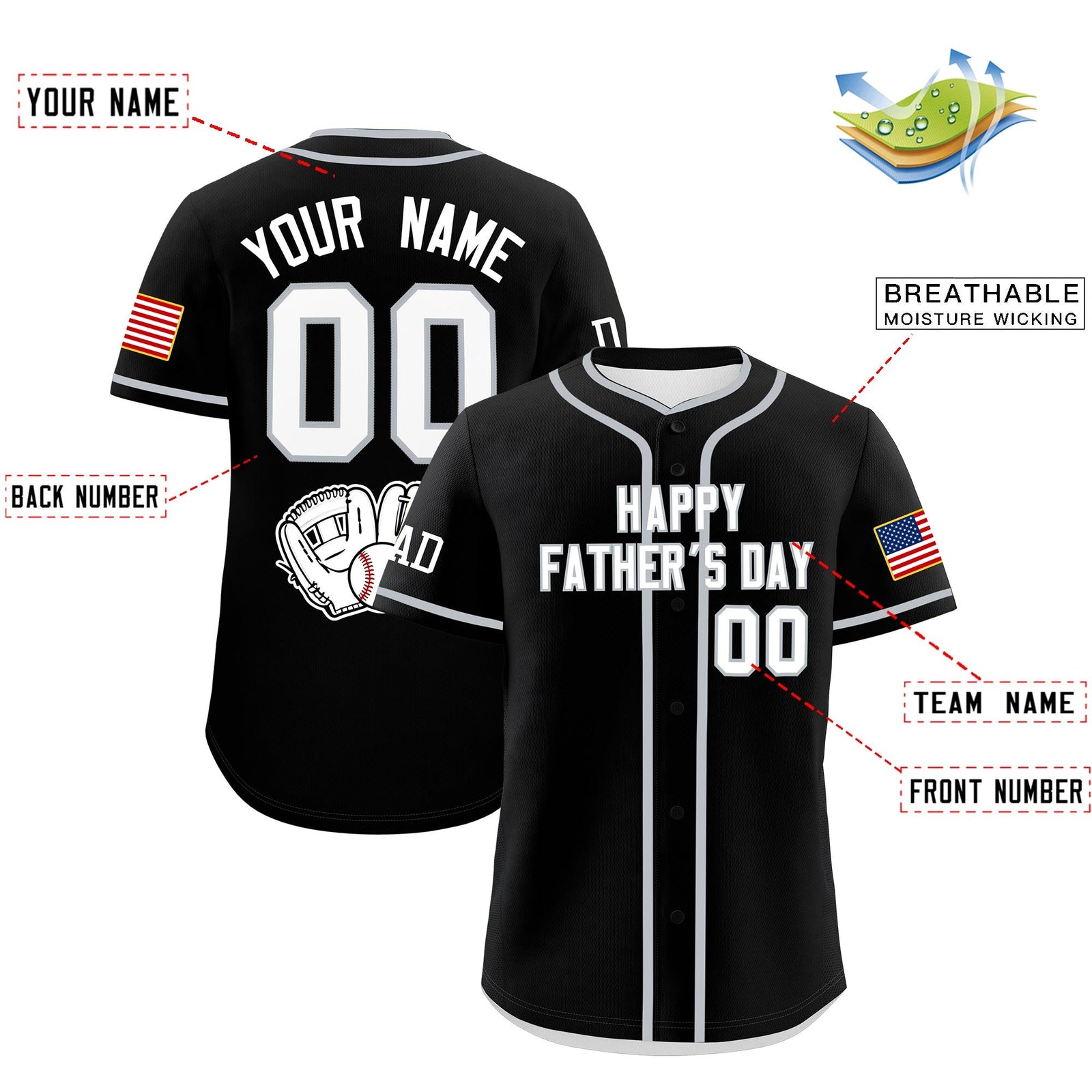 Custom Black White Gray Classic Style Father's Day Quick Dry Baseball Jersey| KXKSHOP