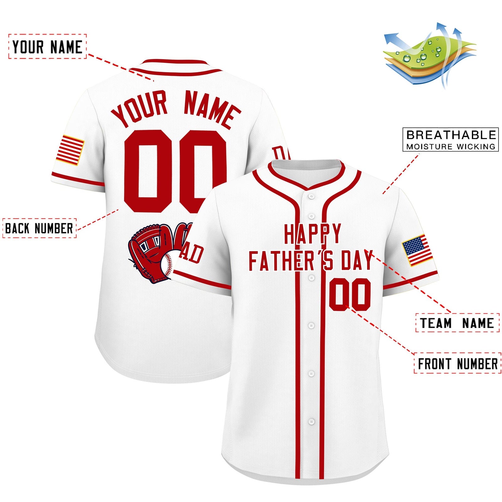 Custom White Red Classic Style Father's Day Quick Dry Baseball Jersey| KXKSHOP