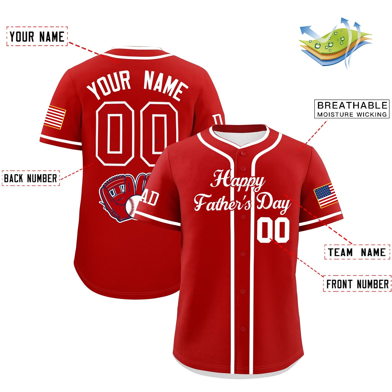 Custom Red White Classic Style Father's Day Quick Dry Baseball Jersey| KXKSHOP
