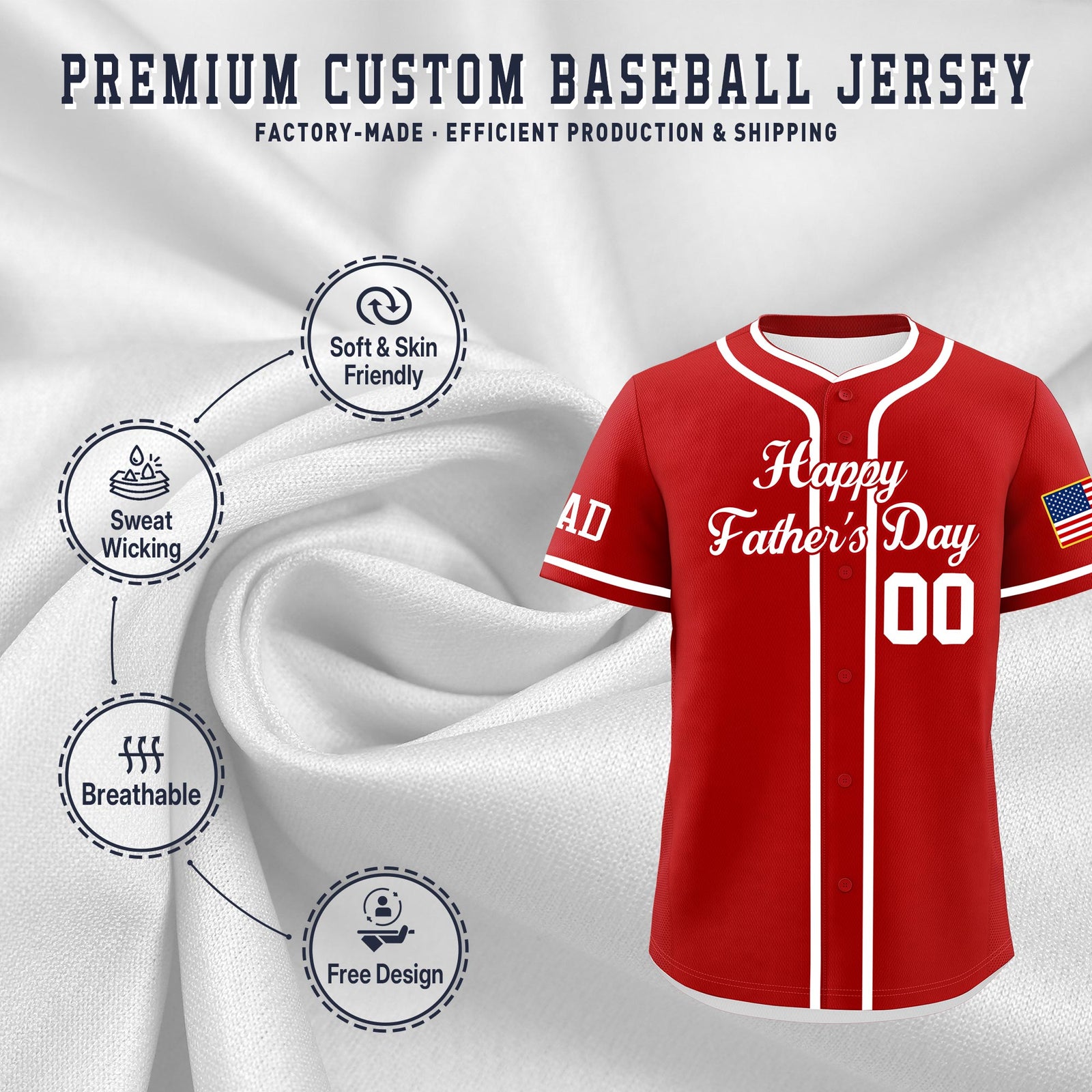 Custom Red White Classic Style Father's Day Quick Dry Baseball Jersey| KXKSHOP
