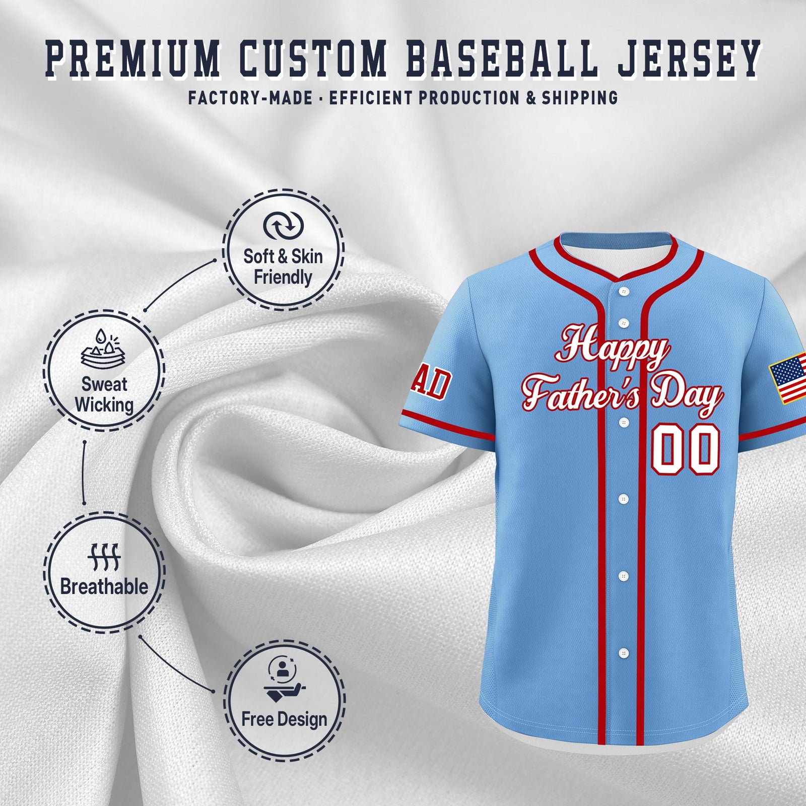 Custom Powder Blue White Red Classic Style Father's Day Quick Dry Baseball Jersey| KXKSHOP