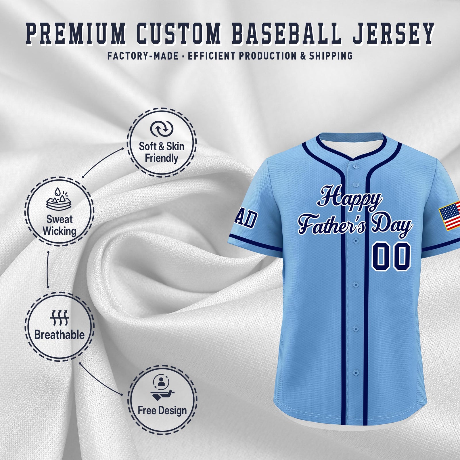 Custom Powder Blue Dark Blue White Classic Style Father's Day Quick Dry Baseball Jersey| KXKSHOP