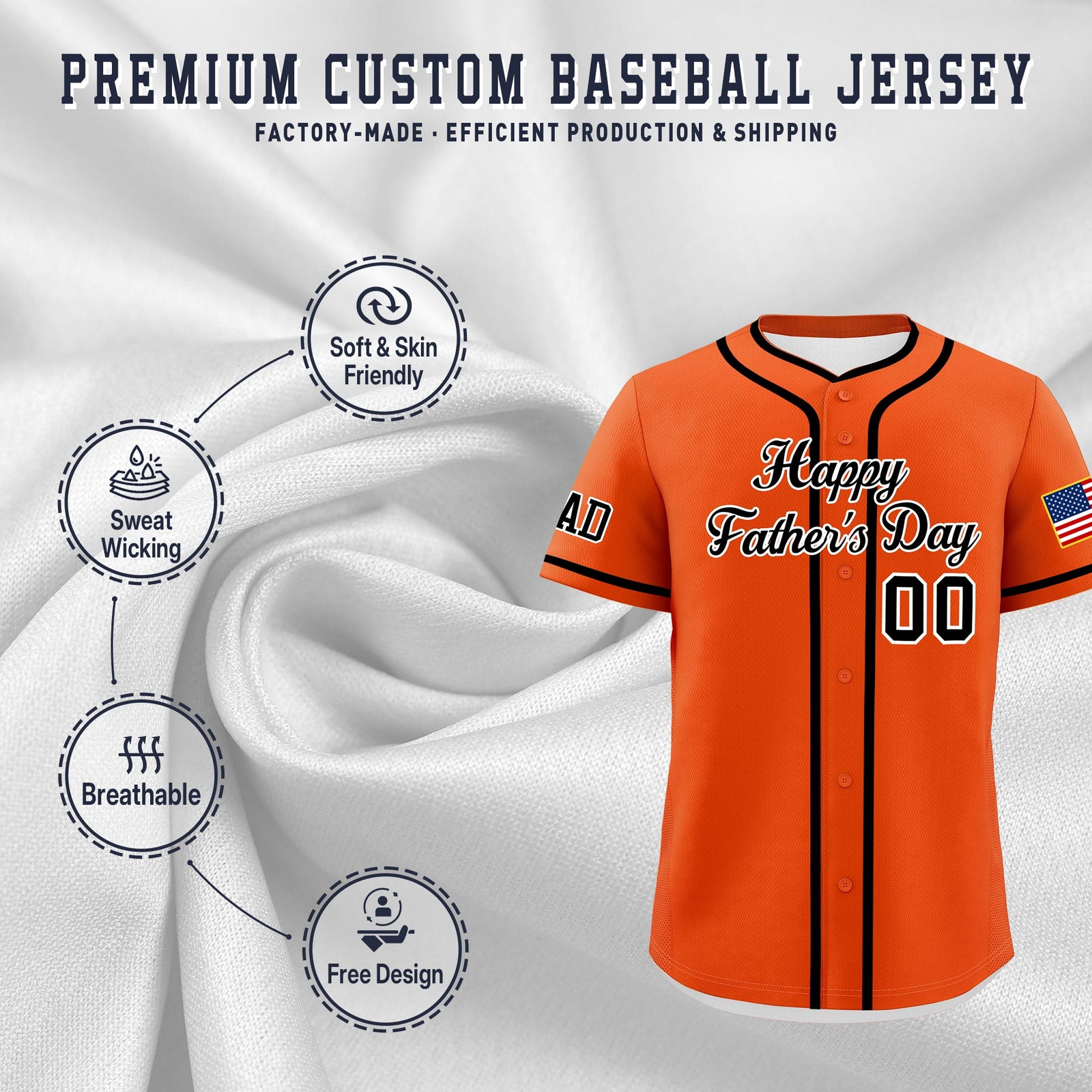 Custom Orange Black White Classic Style Father's Day Quick Dry Baseball Jersey| KXKSHOP