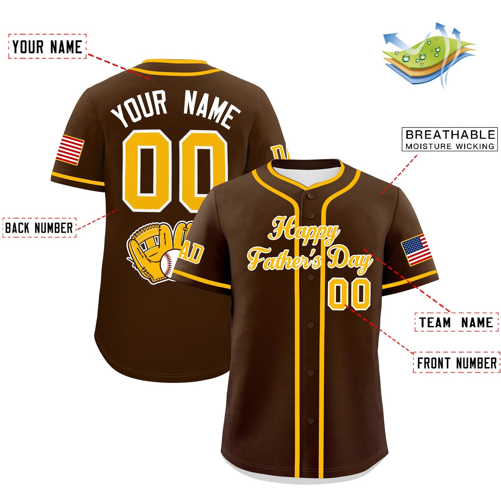 Custom Brown Yellow White Classic Style Father's Day Quick Dry Baseball Jersey| KXKSHOP