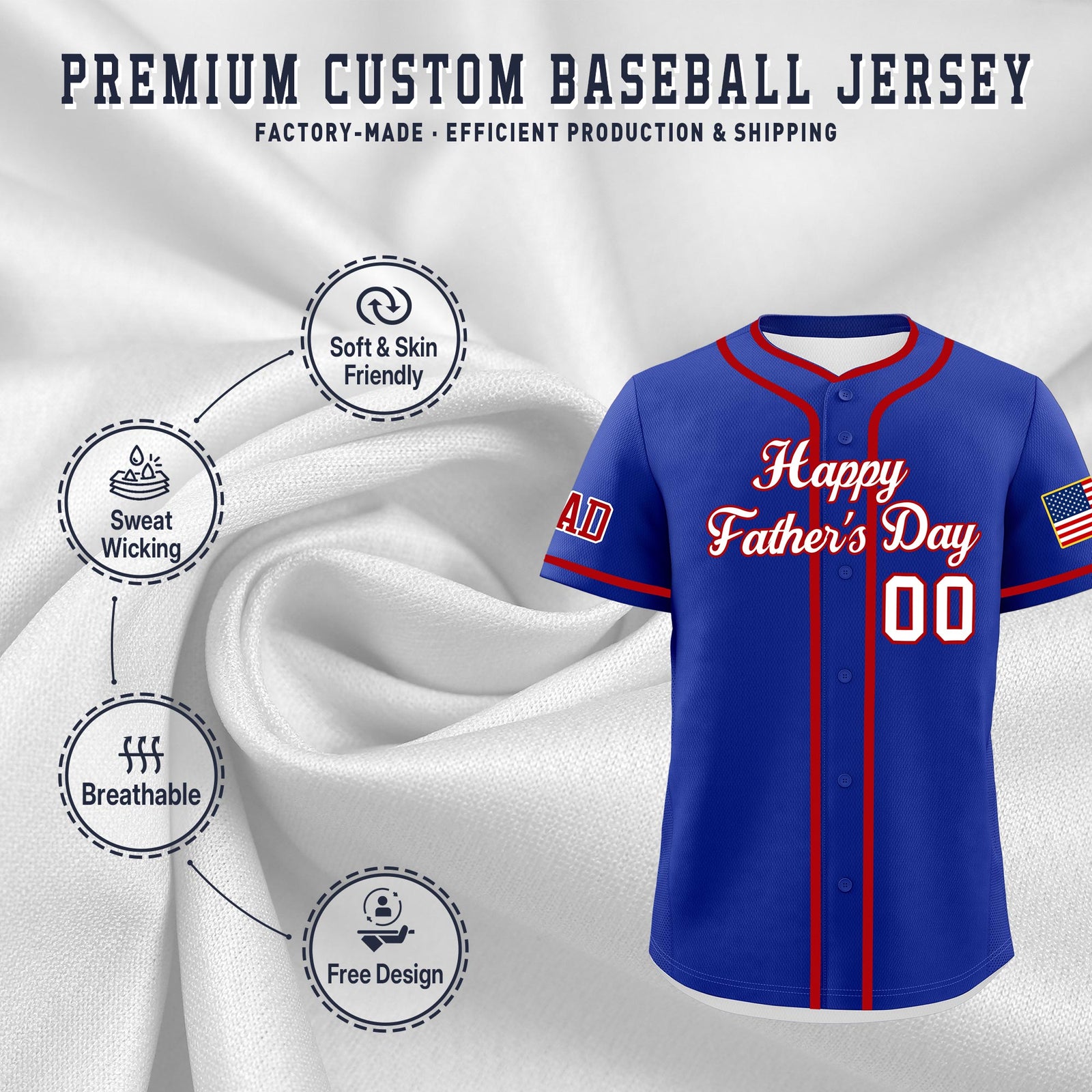 Custom Royal Blue White Red Classic Style Father's Day Quick Dry Baseball Jersey| KXKSHOP