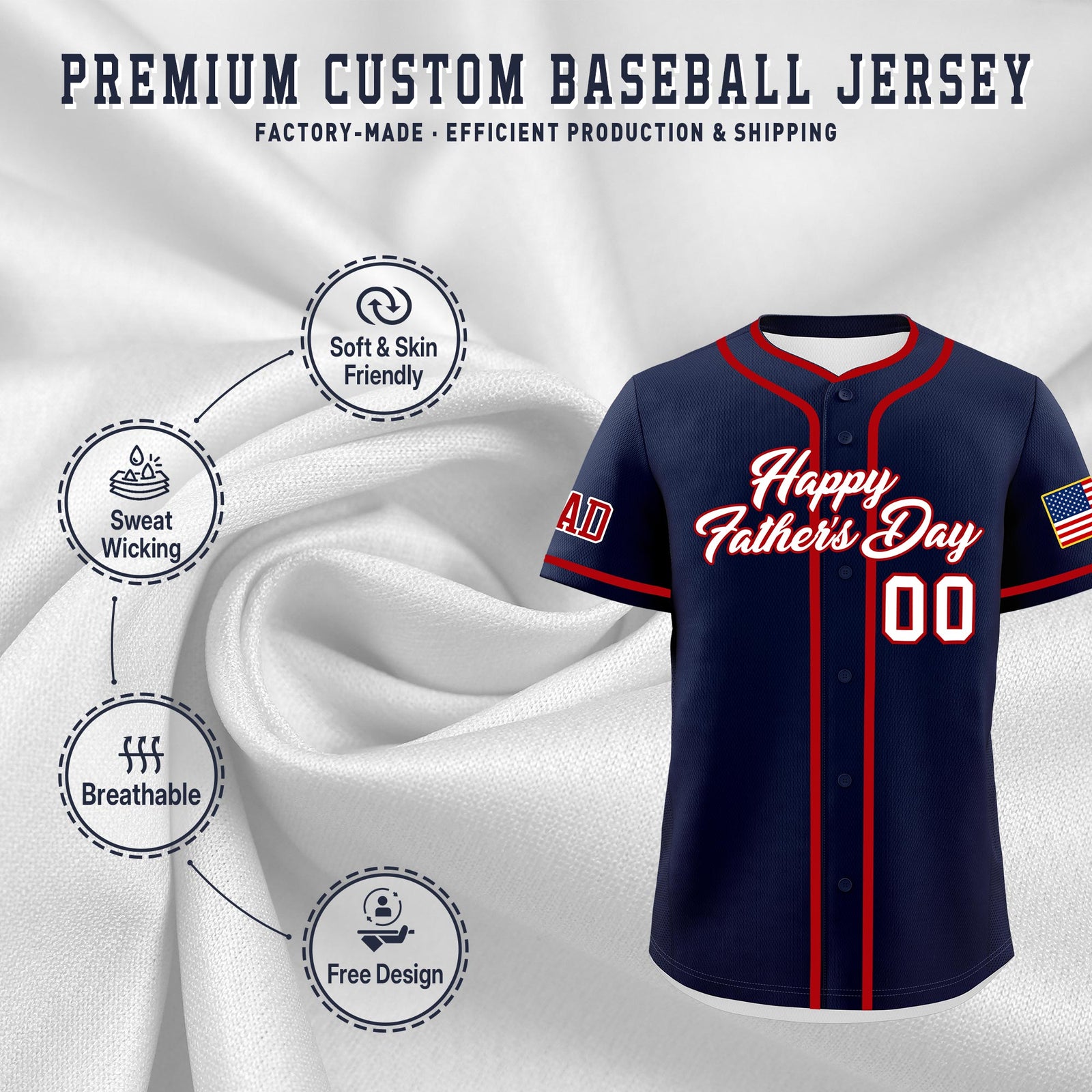 Custom Navy White Red Classic Style Father's Day Quick Dry Baseball Jersey| KXKSHOP
