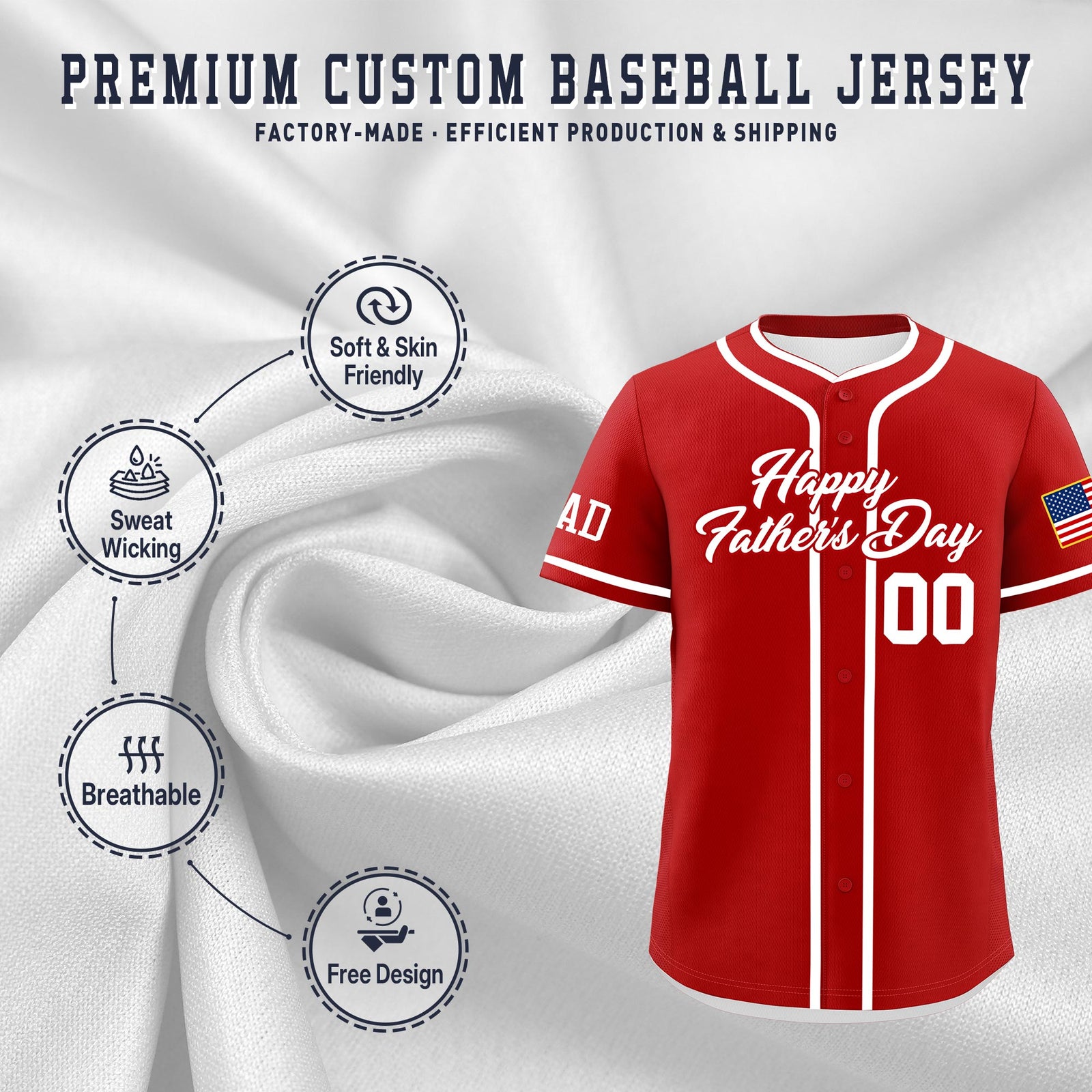 Custom Red White Classic Style Father's Day Quick Dry Baseball Jersey| KXKSHOP