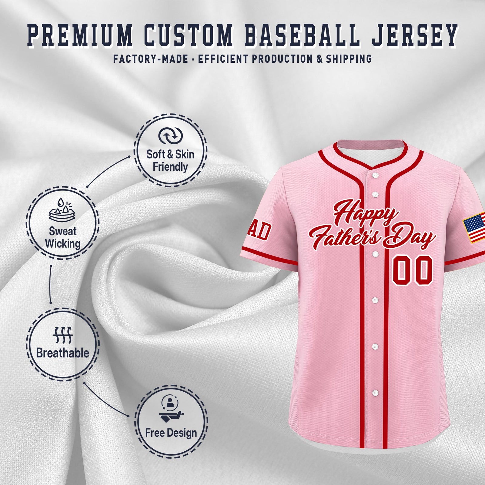 Custom Light Pink Red White Classic Style Father's Day Quick Dry Baseball Jersey| KXKSHOP