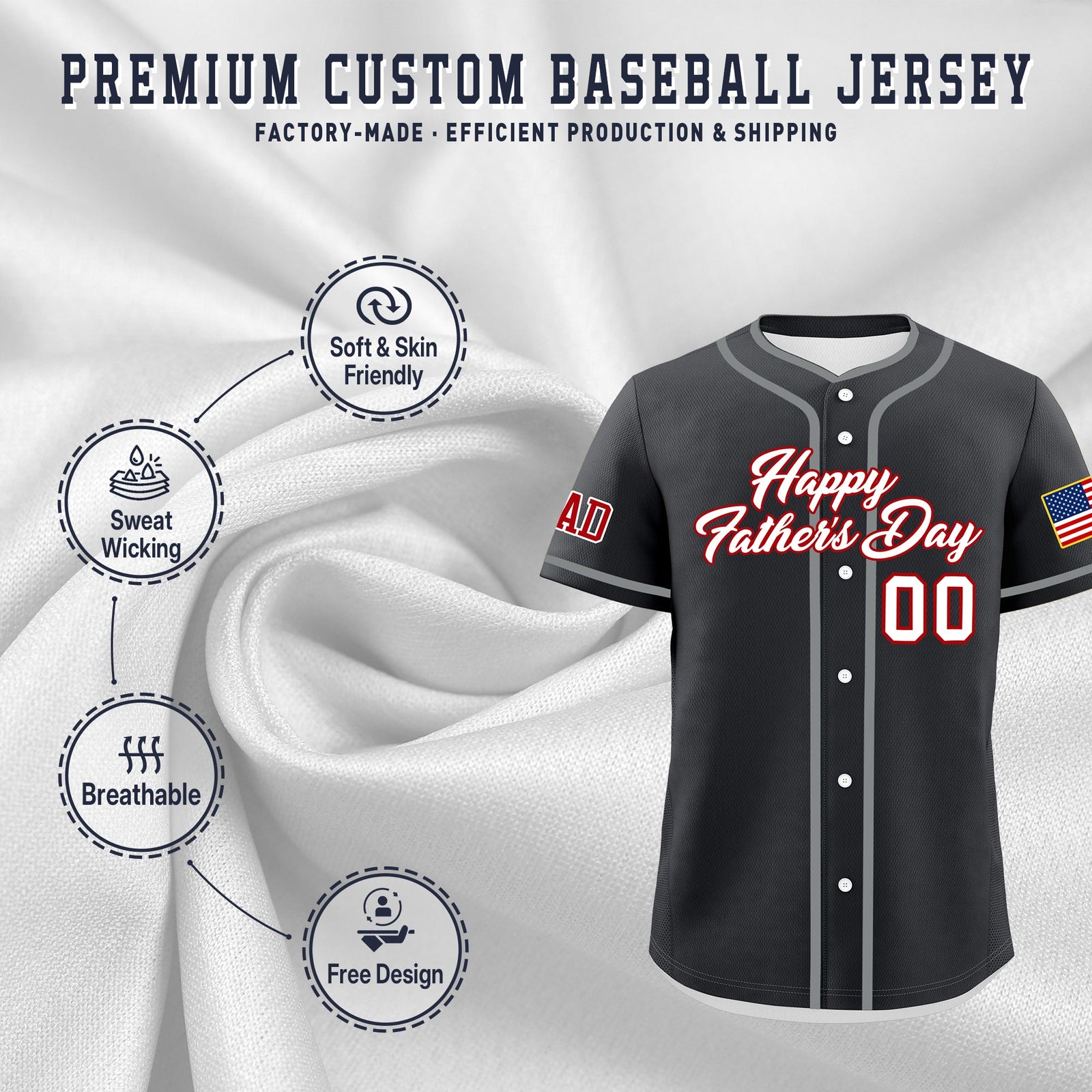 Custom Dark Gray White Red Classic Style Father's Day Quick Dry Baseball Jersey| KXKSHOP