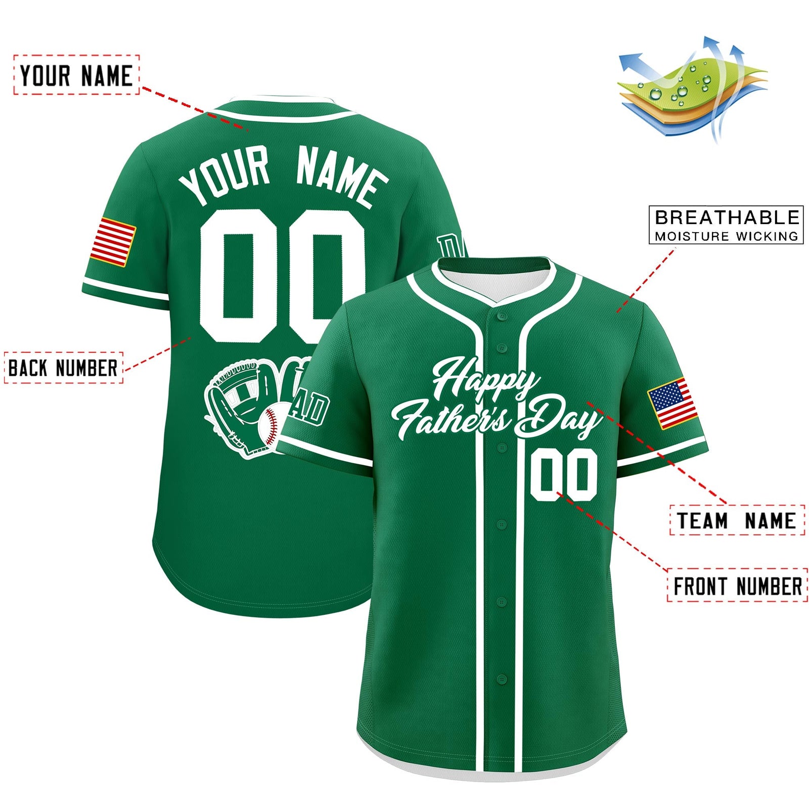 Custom Kelly Green White Classic Style Father's Day Quick Dry Baseball Jersey| KXKSHOP