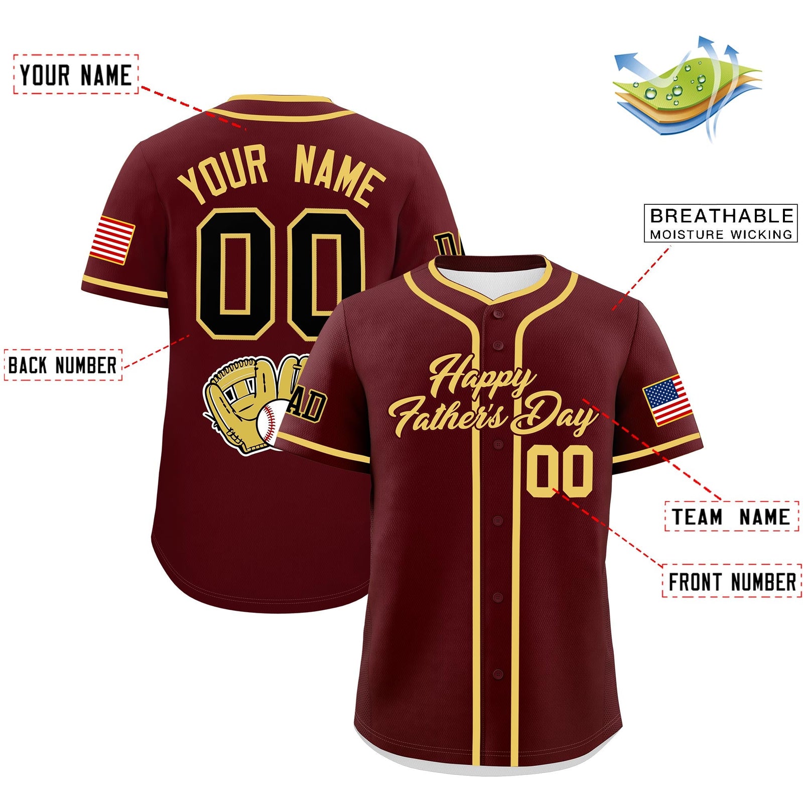 Custom Burgundy Khaki Classic Style Father's Day Quick Dry Baseball Jersey| KXKSHOP