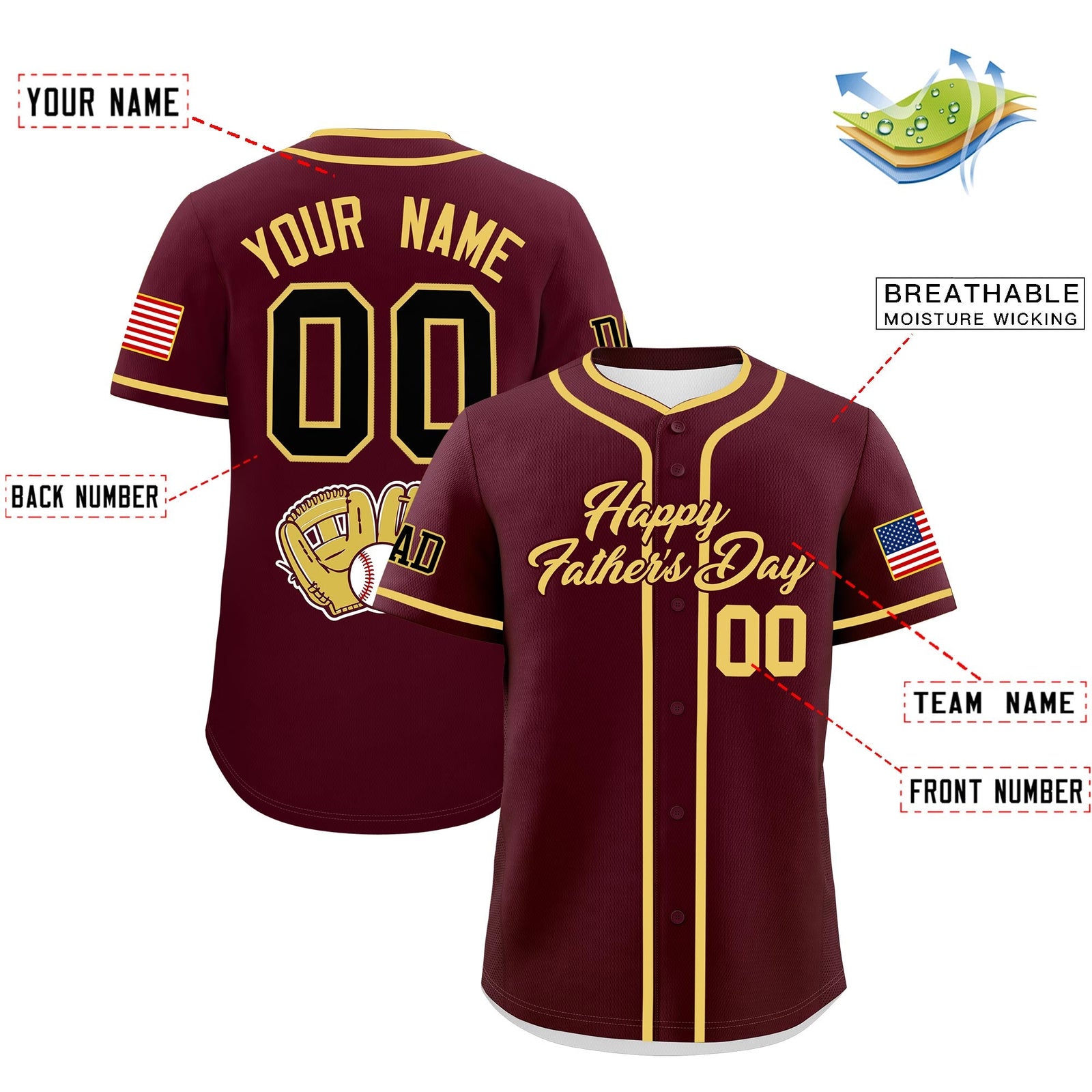 Custom Crimson Khaki Classic Style Father's Day Quick Dry Baseball Jersey| KXKSHOP