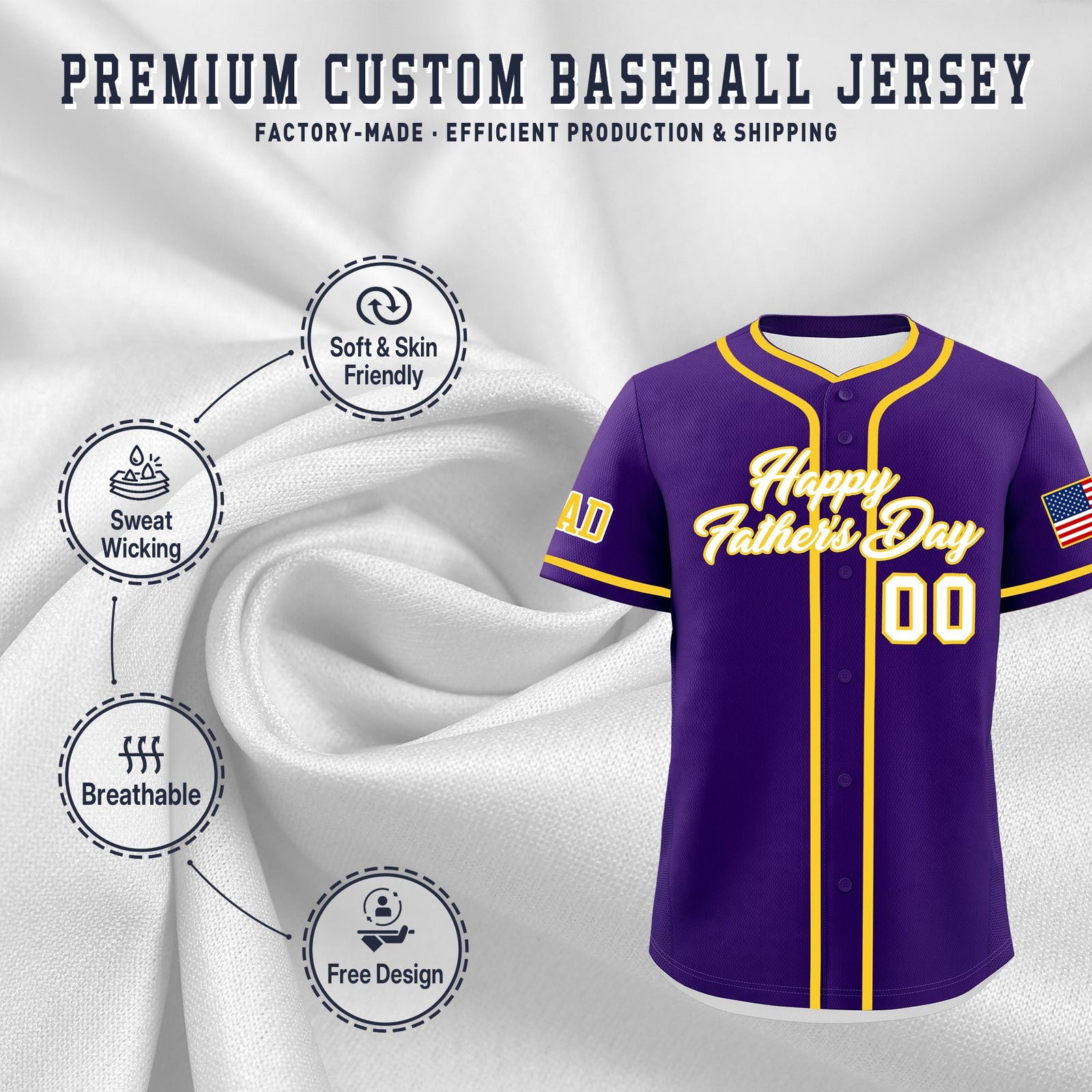 Custom Purple White Gold Classic Style Father's Day Quick Dry Baseball Jersey| KXKSHOP