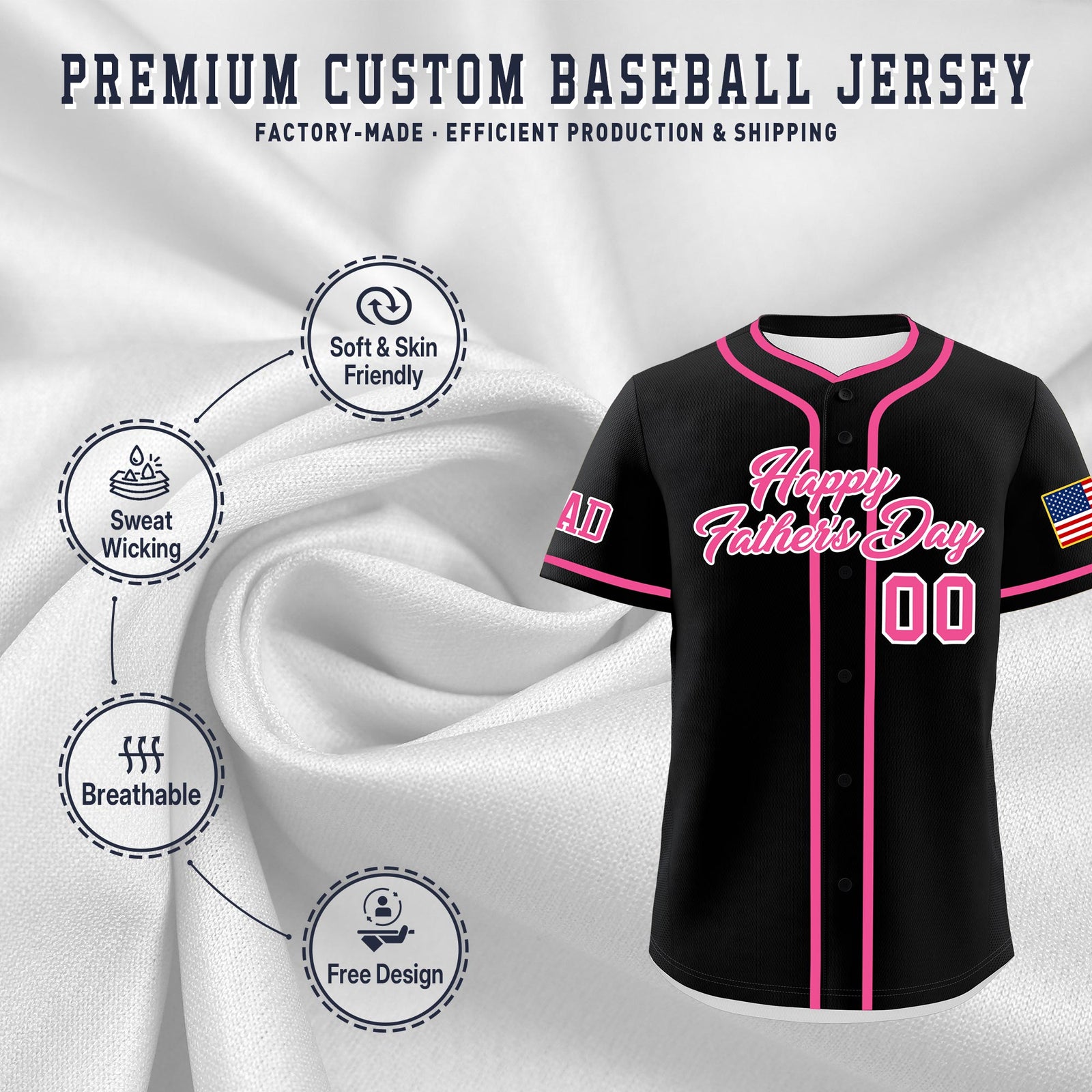 Custom Black Pink White Classic Style Father's Day Quick Dry Baseball Jersey| KXKSHOP