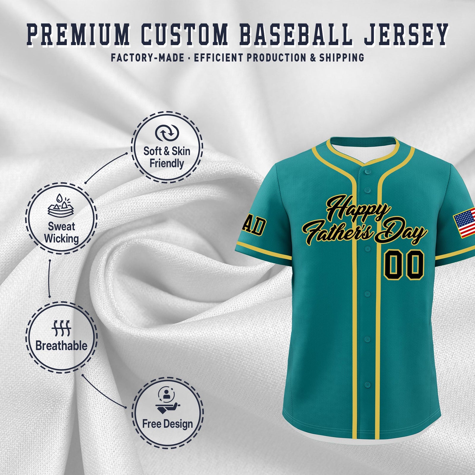 Custom Teal Black Old Gold Classic Style Father's Day Quick Dry Baseball Jersey| KXKSHOP