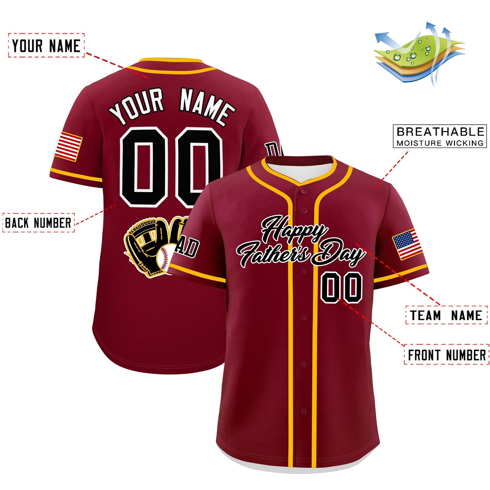 Custom Crimson Black White Classic Style Father's Day Quick Dry Baseball Jersey| KXKSHOP