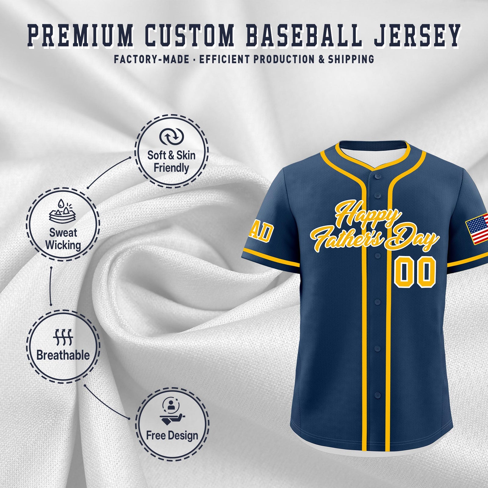 Custom Midnight Blue Yellow White Classic Style Father's Day Quick Dry Baseball Jersey| KXKSHOP