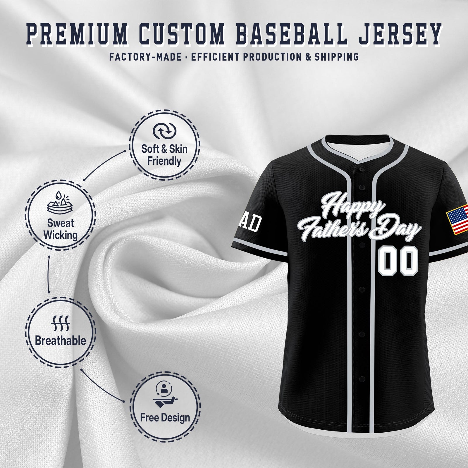 Custom Black White Gray Classic Style Father's Day Quick Dry Baseball Jersey| KXKSHOP