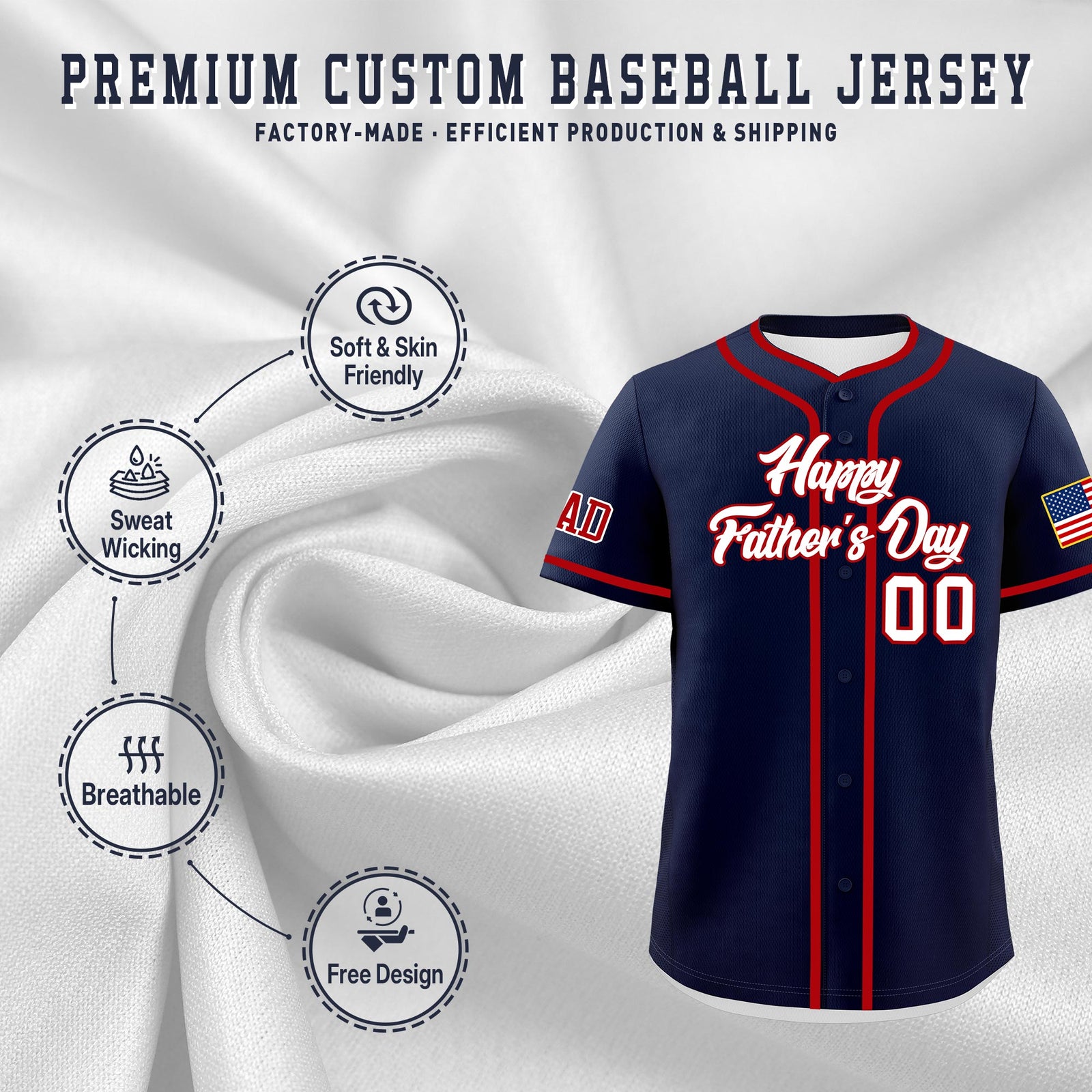 Custom Navy White Red Classic Style Father's Day Quick Dry Baseball Jersey| KXKSHOP