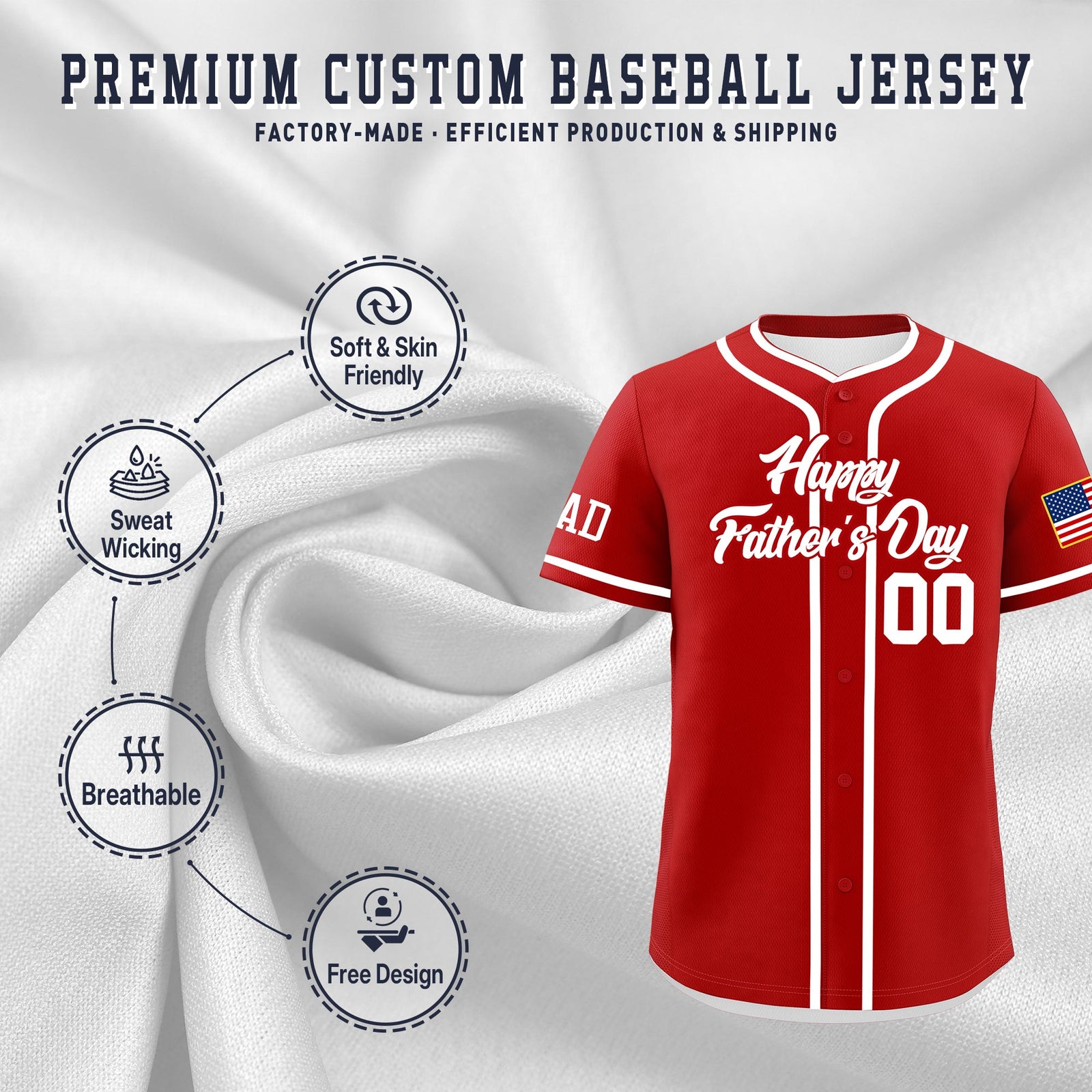 Custom Red White Classic Style Father's Day Quick Dry Baseball Jersey| KXKSHOP