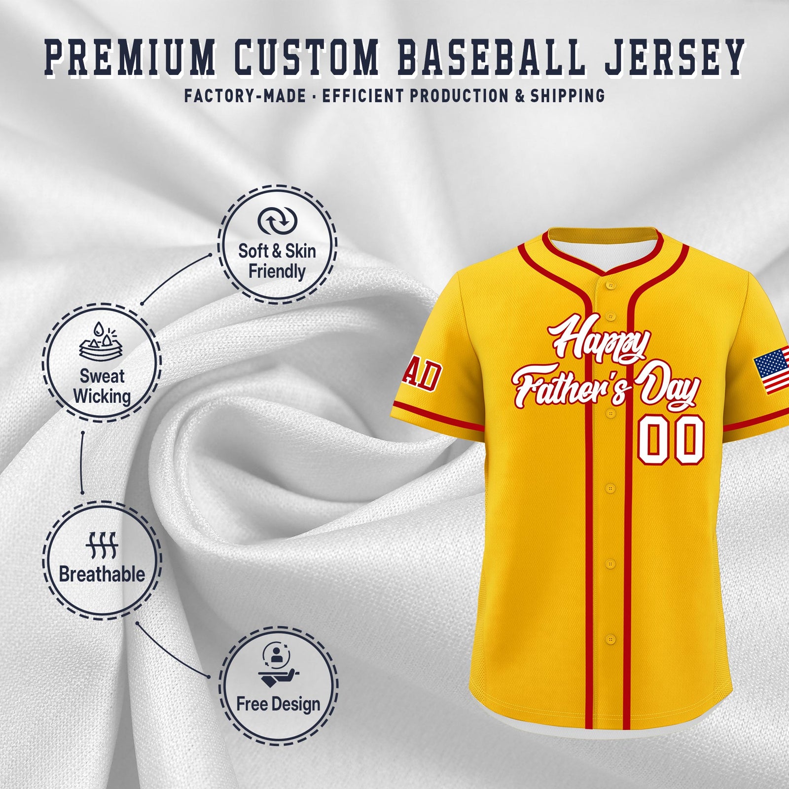 Custom Yellow White Red Classic Style Father's Day Quick Dry Baseball Jersey| KXKSHOP
