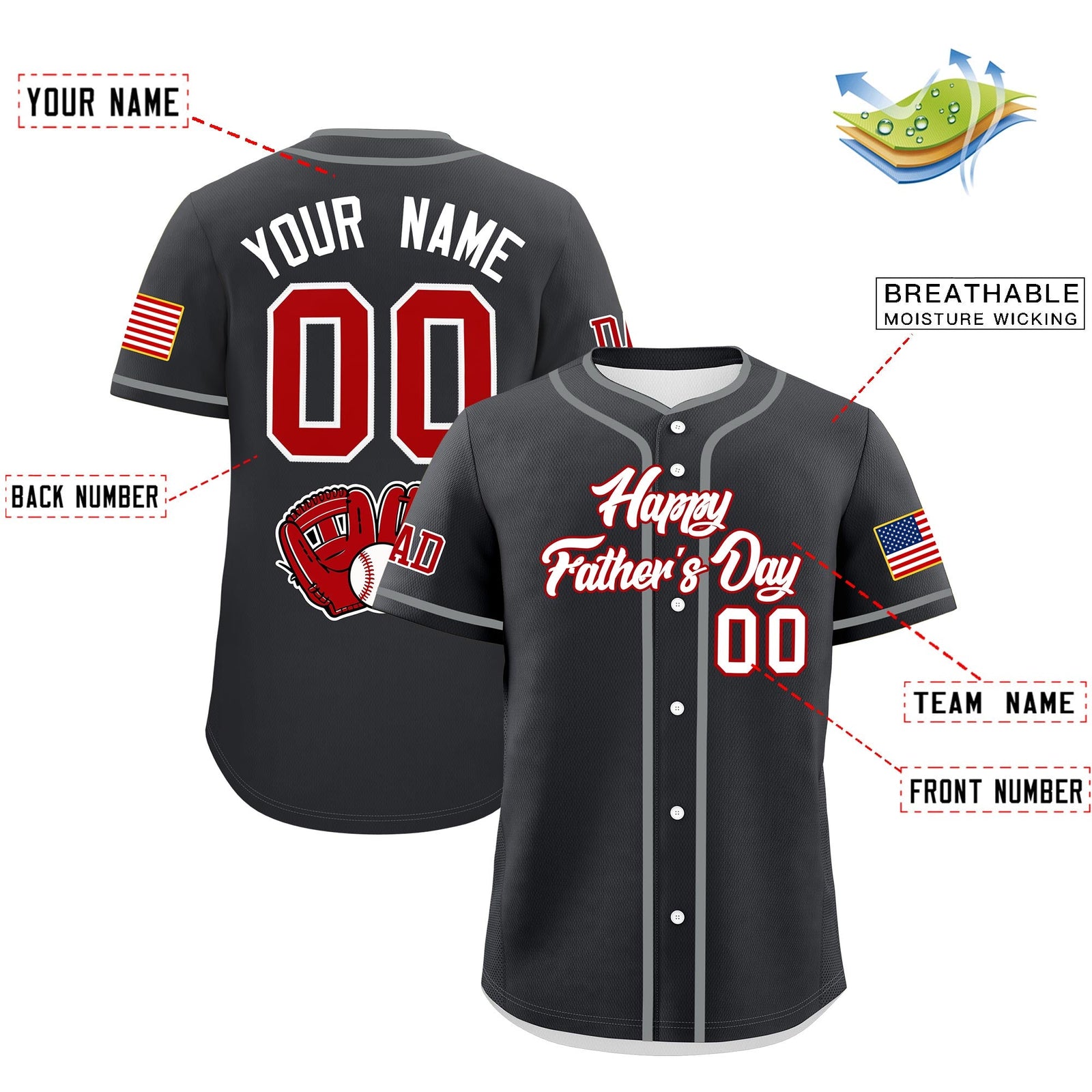 Custom Dark Gray White Red Classic Style Father's Day Quick Dry Baseball Jersey| KXKSHOP
