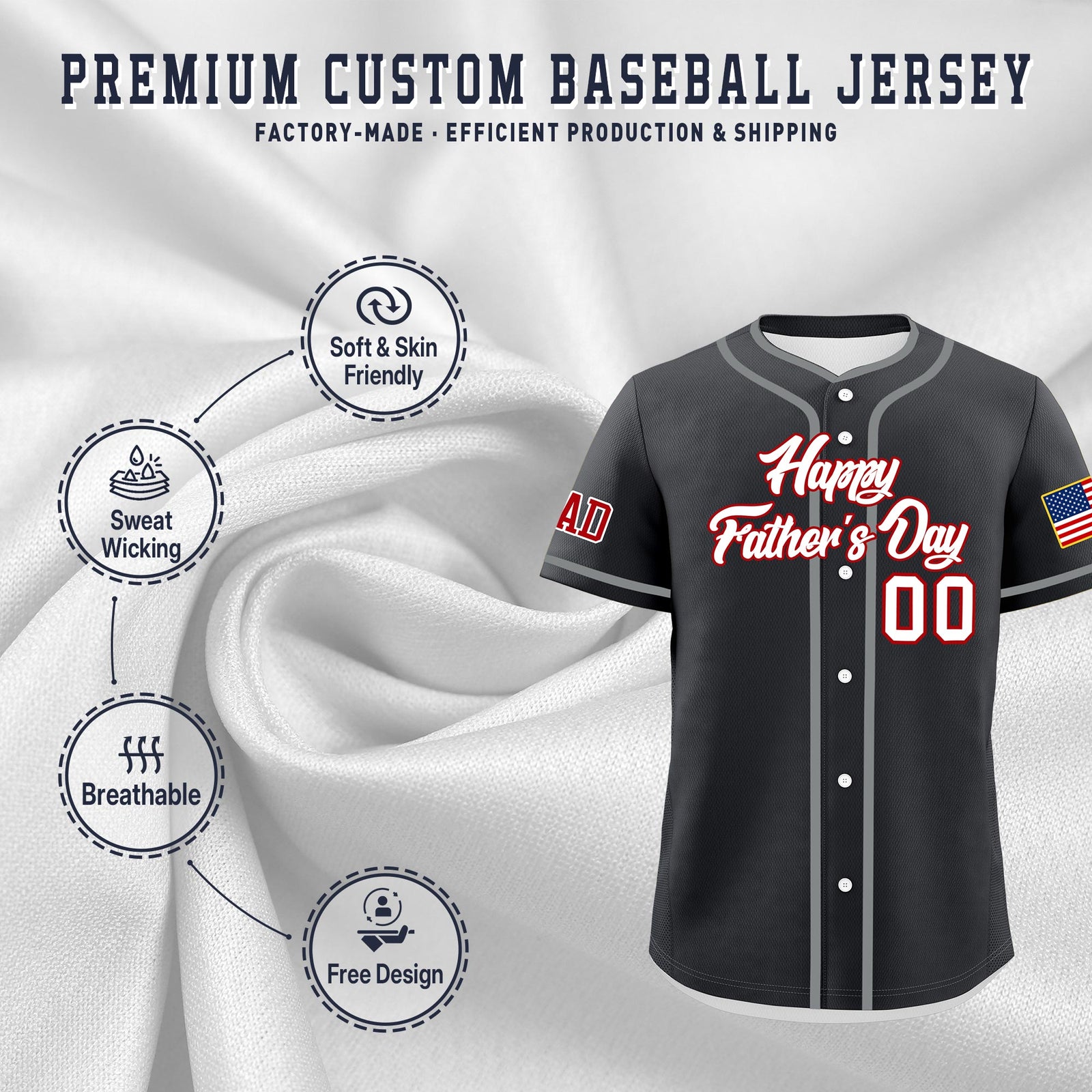 Custom Dark Gray White Red Classic Style Father's Day Quick Dry Baseball Jersey| KXKSHOP