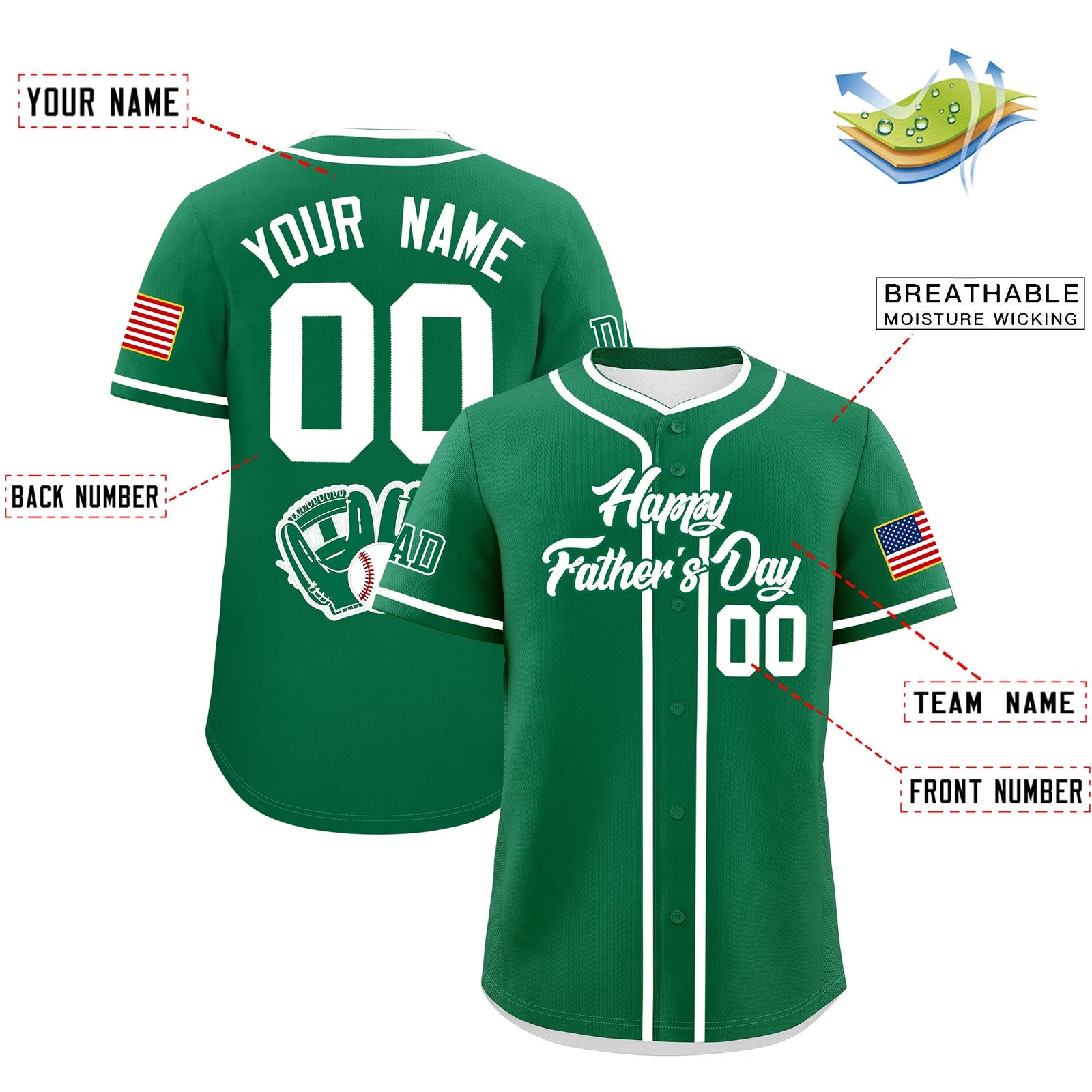 Custom Kelly Green White Classic Style Father's Day Quick Dry Baseball Jersey| KXKSHOP