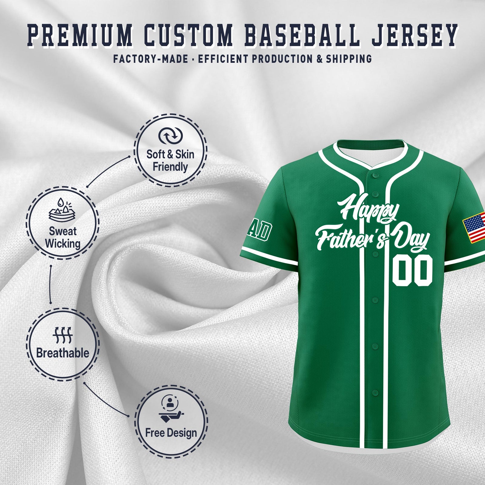Custom Kelly Green White Classic Style Father's Day Quick Dry Baseball Jersey| KXKSHOP