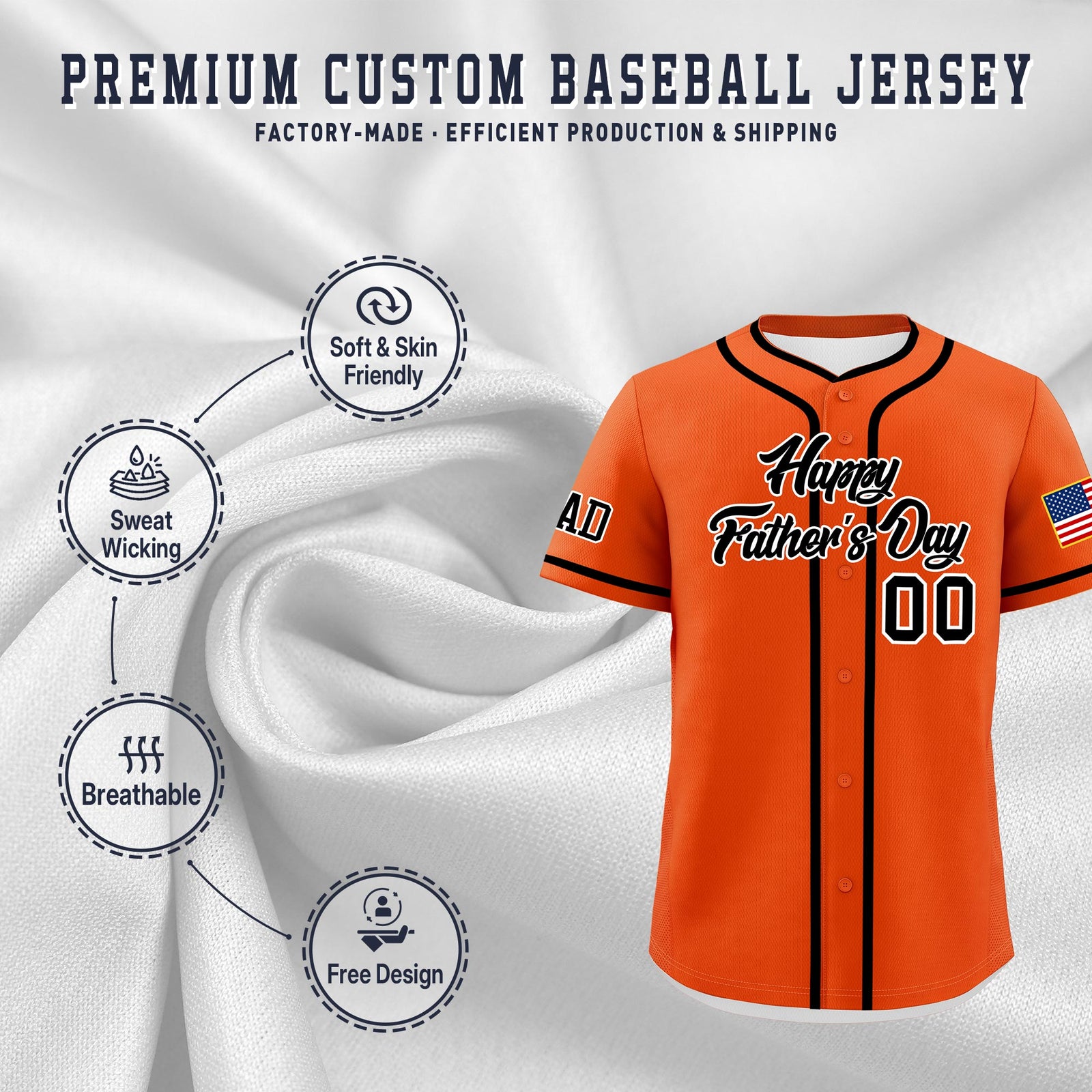 Custom Orange Black White Classic Style Father's Day Quick Dry Baseball Jersey| KXKSHOP