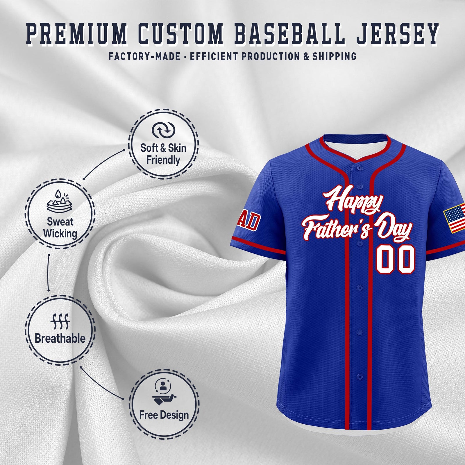 Custom Royal Blue White Red Classic Style Father's Day Quick Dry Baseball Jersey| KXKSHOP
