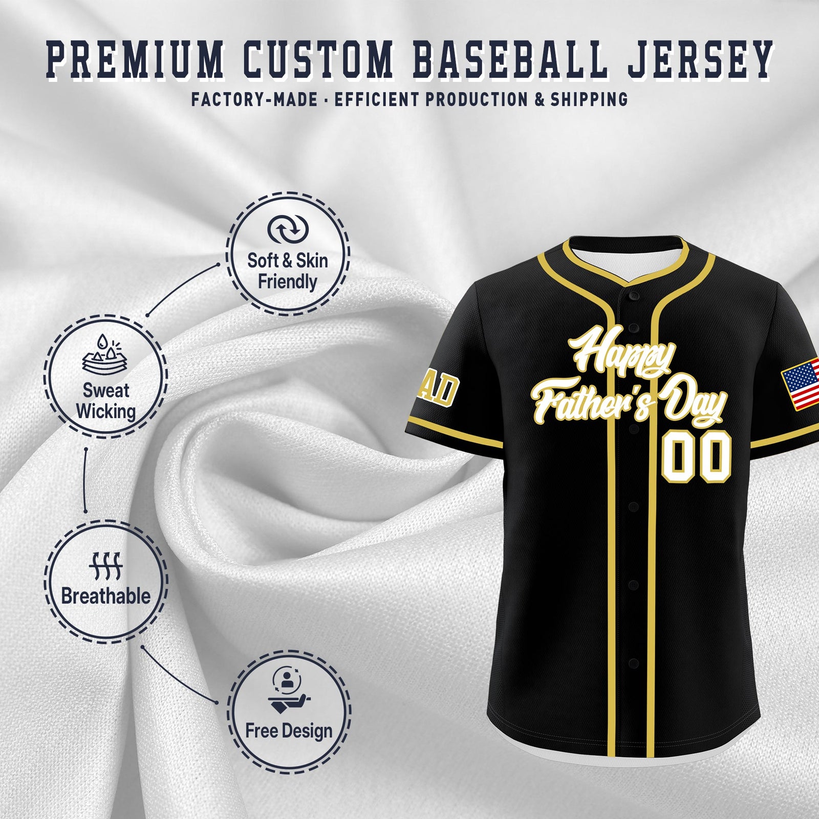 Custom Black White Old Gold Classic Style Father's Day Quick Dry Baseball Jersey| KXKSHOP