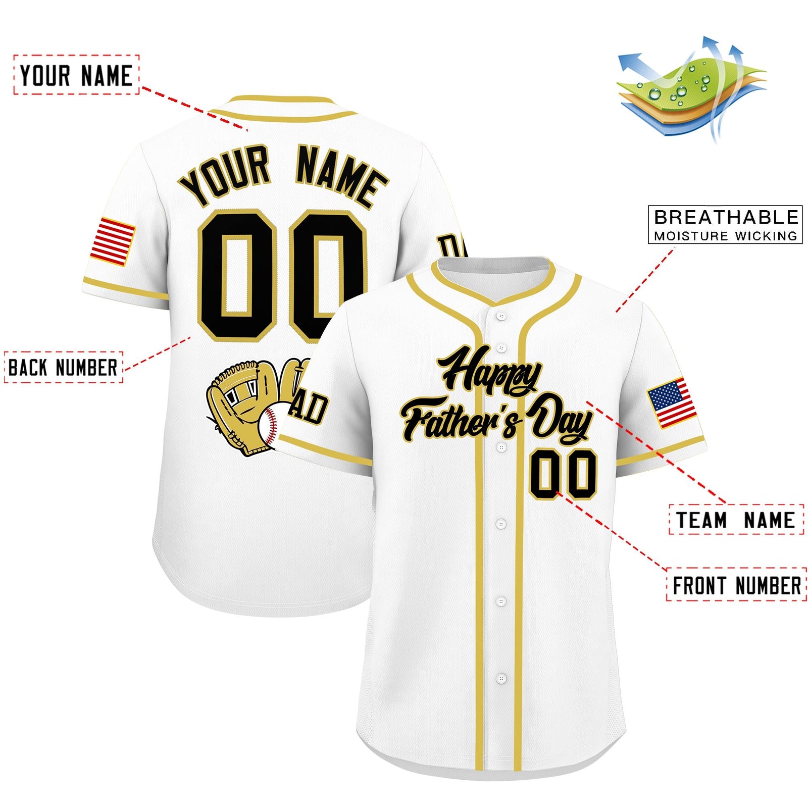 Custom White Black Old Gold Classic Style Father's Day Quick Dry Baseball Jersey| KXKSHOP