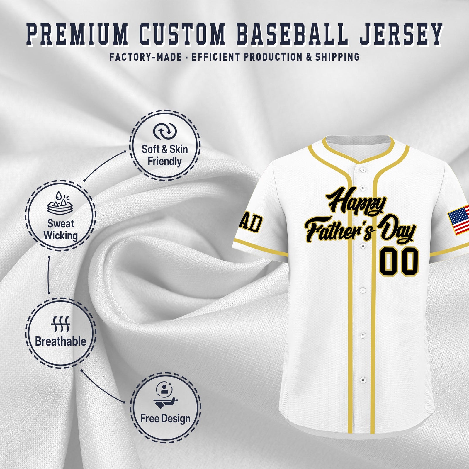 Custom White Black Old Gold Classic Style Father's Day Quick Dry Baseball Jersey| KXKSHOP