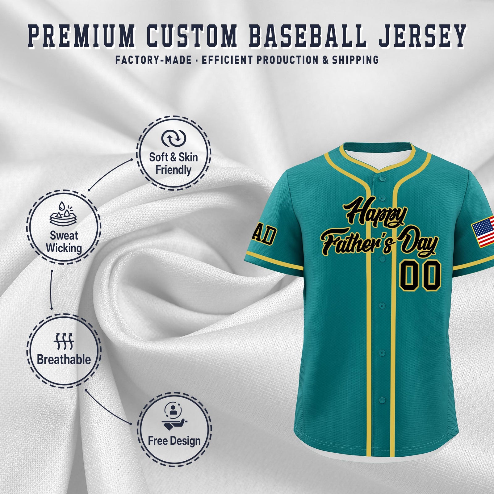 Custom Teal Black Old Gold Classic Style Father's Day Quick Dry Baseball Jersey| KXKSHOP