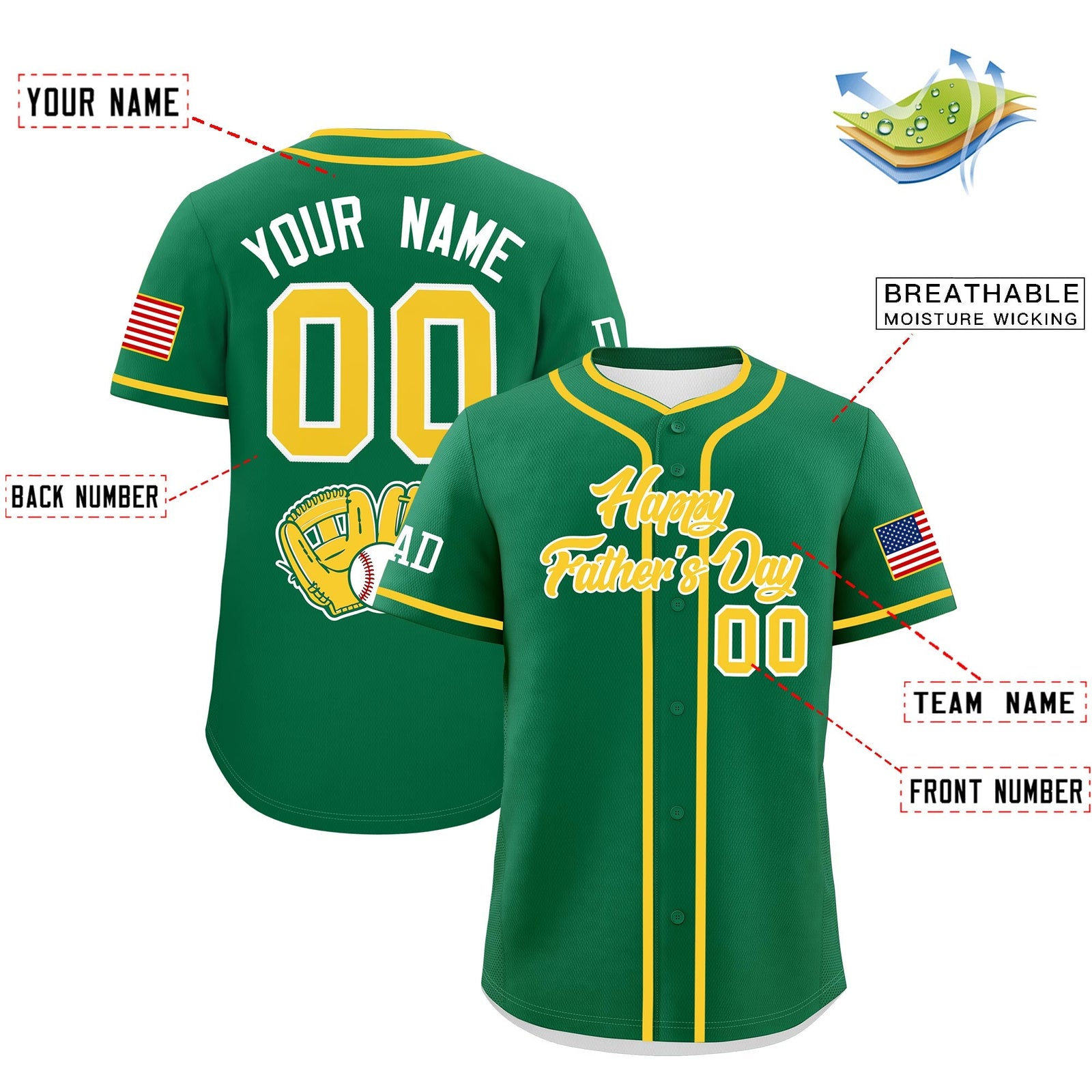 Custom Kelly Green Gold White Classic Style Father's Day Quick Dry Baseball Jersey| KXKSHOP