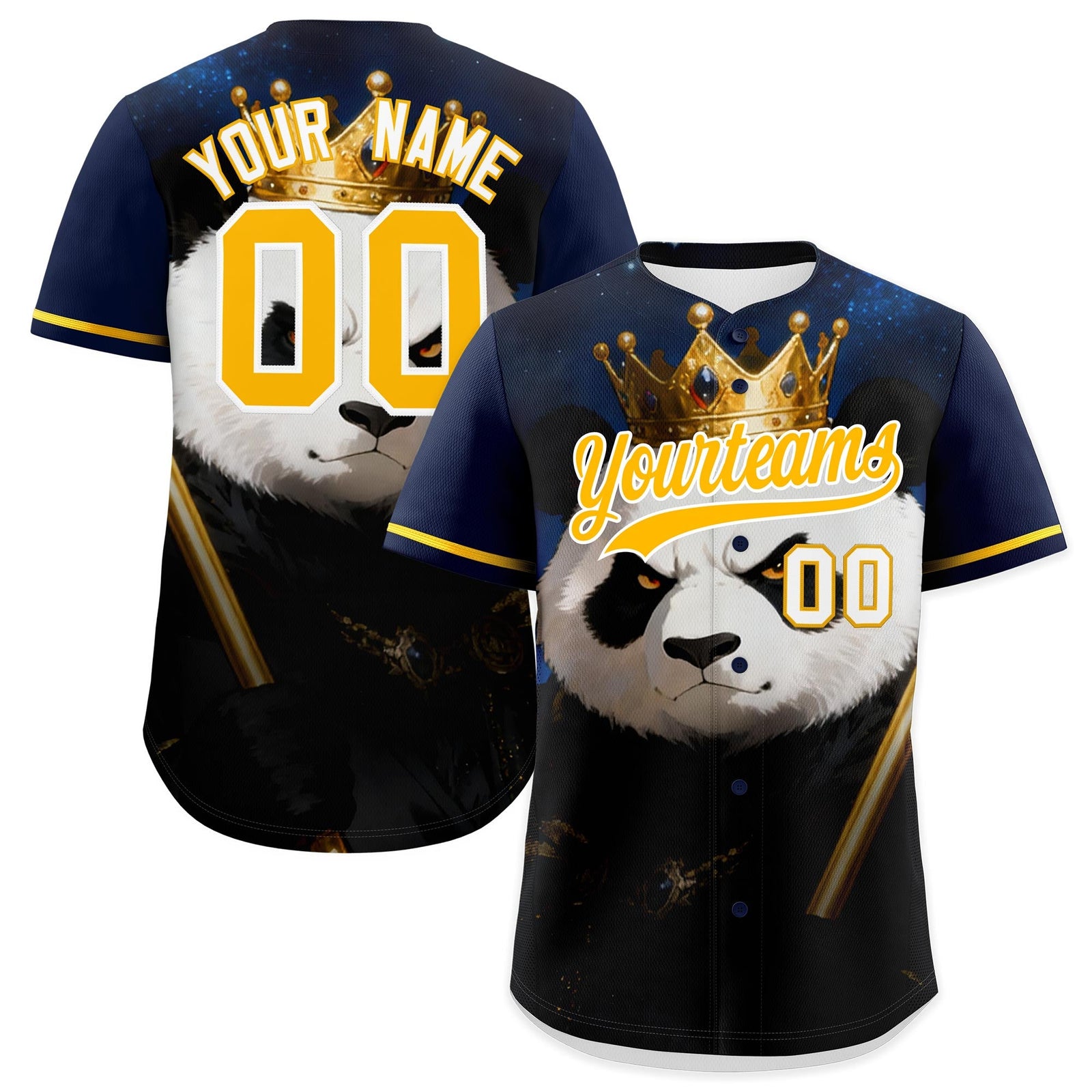 Custom Dark Blue Gold White Panda Animal Series Personalization Graffiti Pattern Baseball Jersey| KXKSHOP