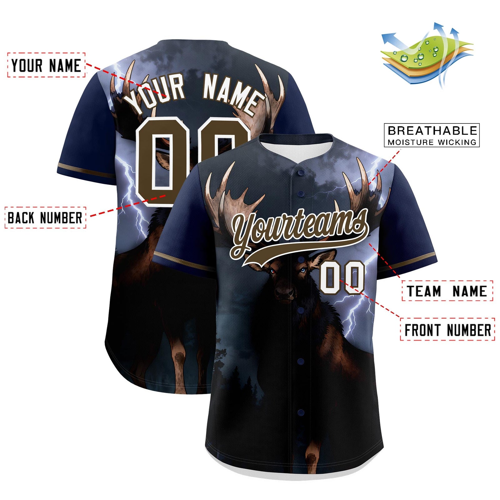 Custom Dark Blue Light Brown White Deer Animal Series Personalization Graffiti Pattern Baseball Jersey| KXKSHOP