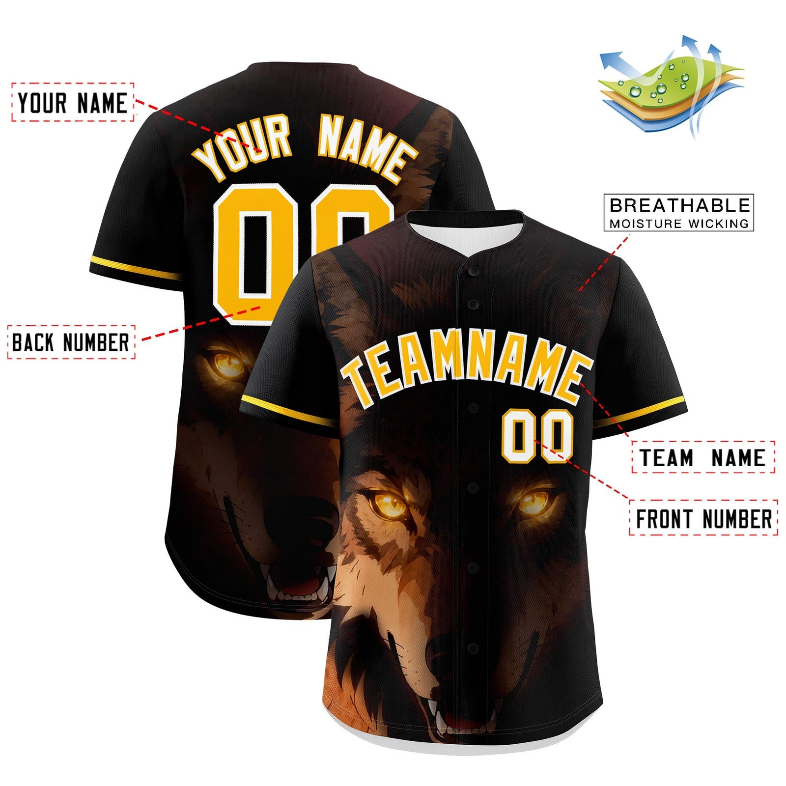 Custom Black Gold White Wolf Animal Series Personalization Graffiti Pattern Baseball Jersey| KXKSHOP